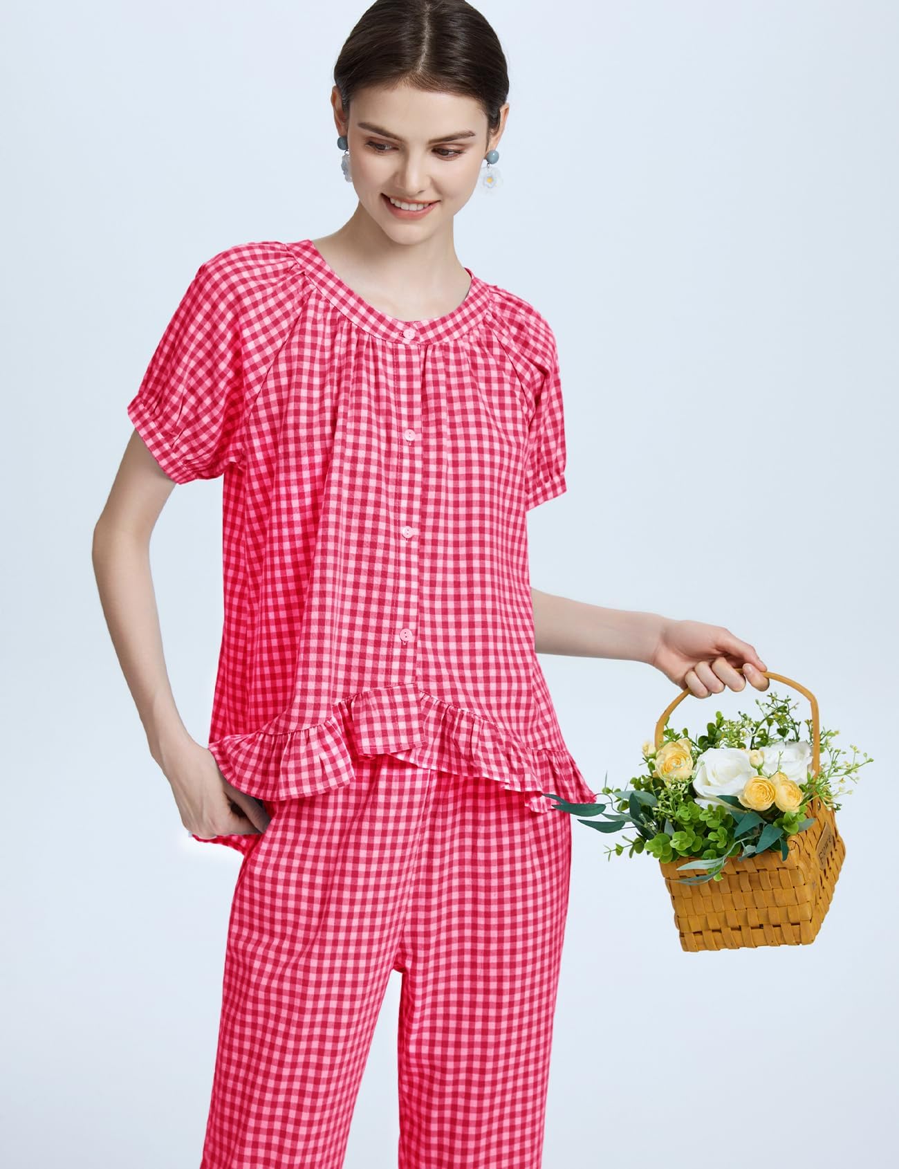 Flygo Womens Plaid 2 Piece Pajamas Sets Gingham Button Down Puff Sleeve Babydoll Shirt Ruffle Pants Y2K Pjs Lounge Set WEBE CLOTHING