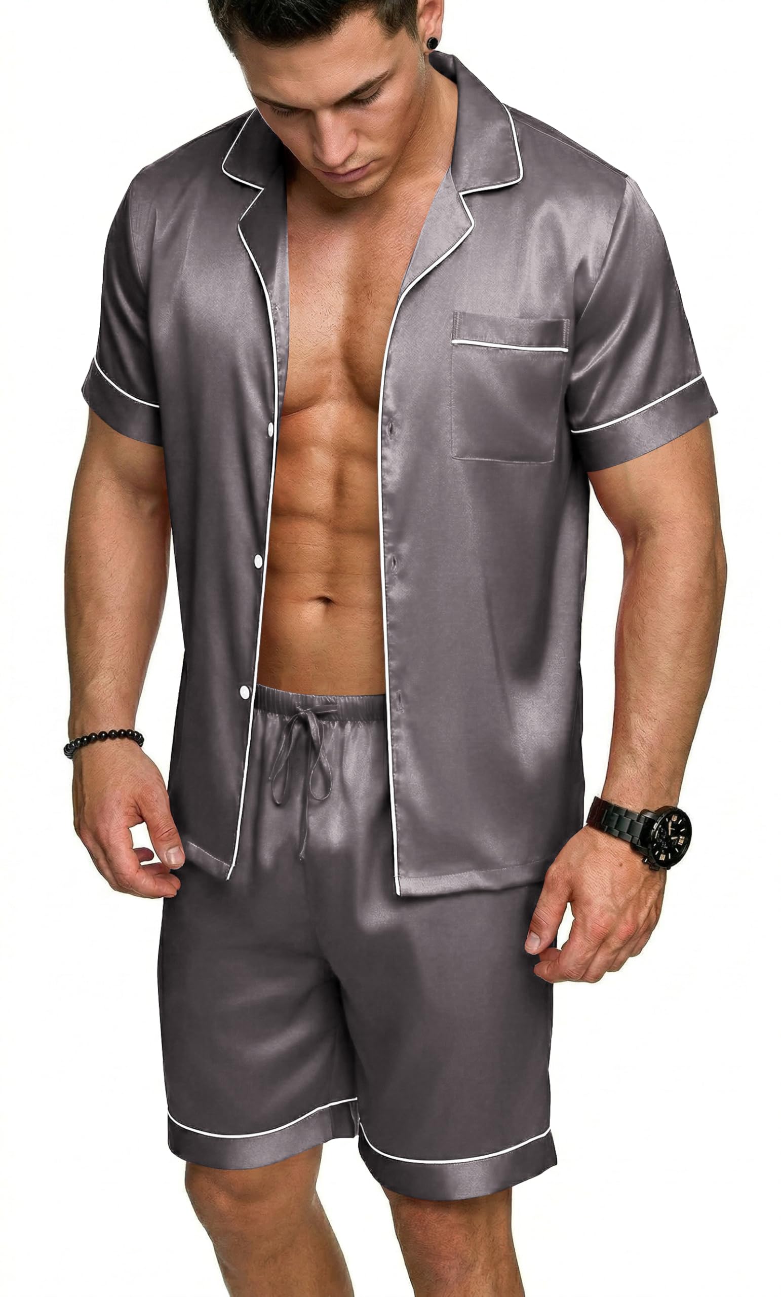 Ekouaer Mens Silk Satin Pajamas Set, Short Sleeve Sleepwear Lightweight Button Up Lounge Pjs Set with Pockets S-4XL WEBE CLOTHING