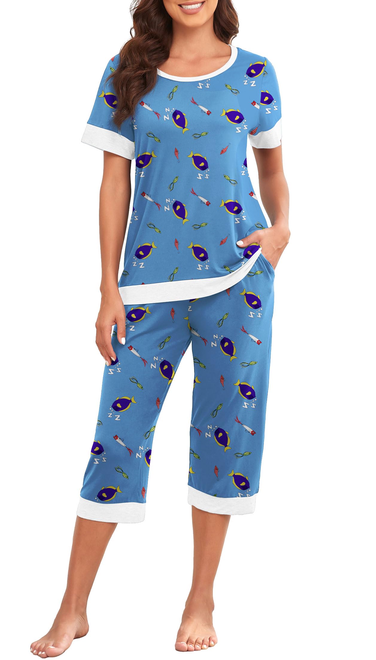 PrinStory Women's Pajama Set Short Sleeve Shirt and Capri Pants Sleepwear Pjs Sets Lounge Set WEBE CLOTHING