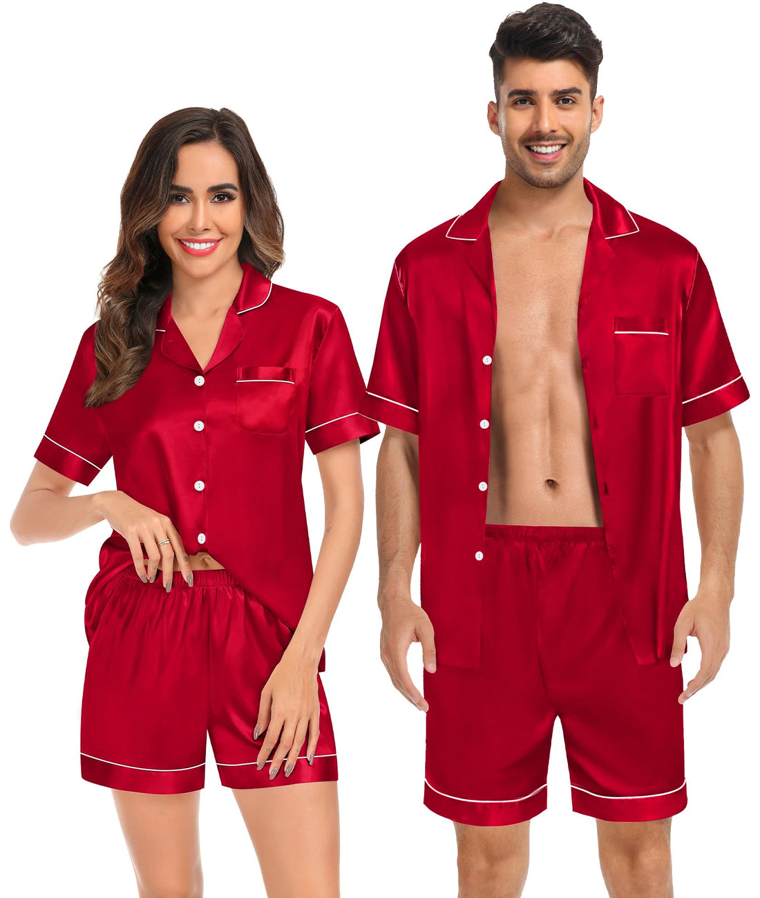 SWOMOG Couples Matching Pajamas Set Satin Short Sleeve Button Down Tops Silk Shorts Pj Lounge Set Soft Sleepwear