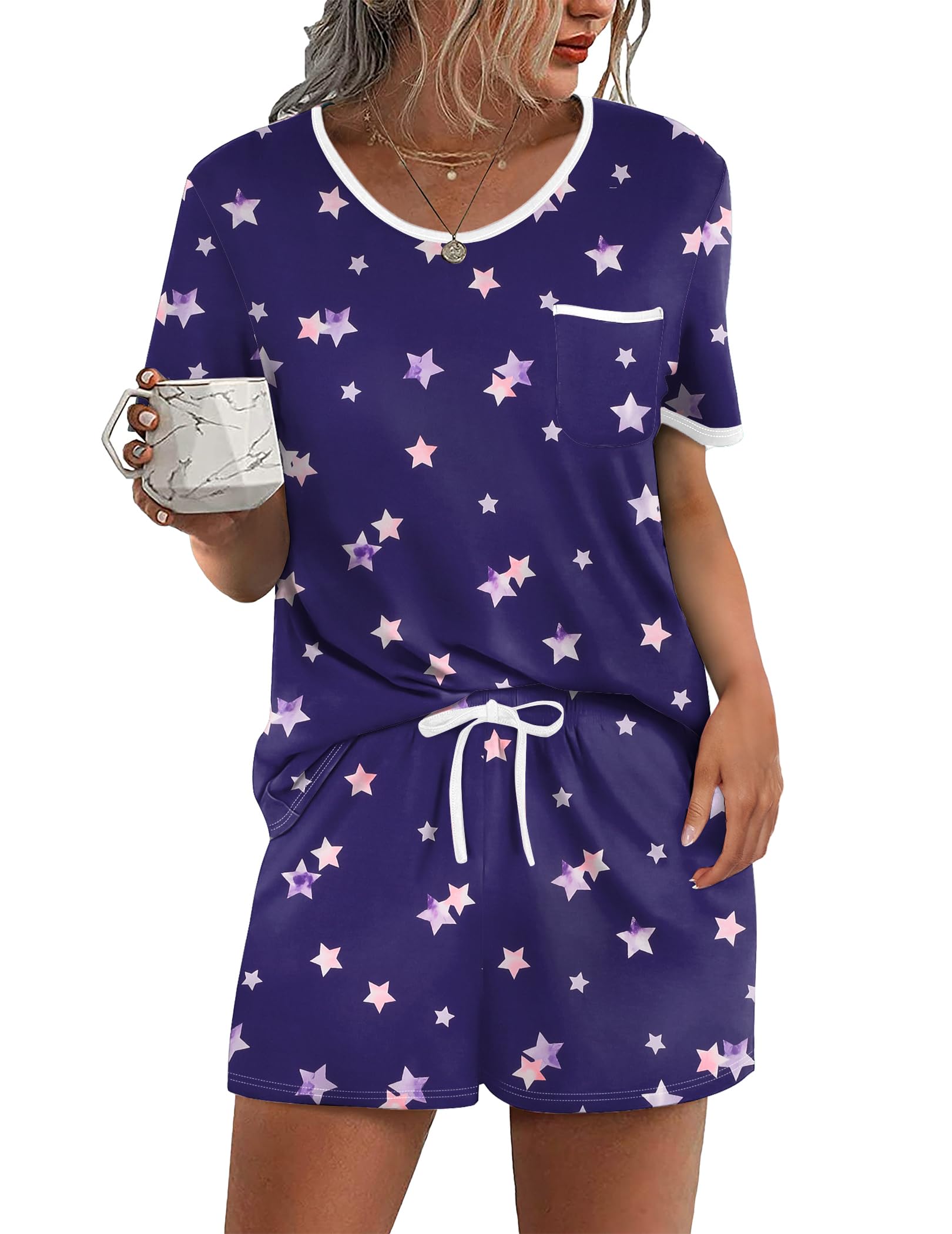 Ekouaer Pajama Set for Women 2 Piece Lounge Set Short Sleeve Tops and Shorts Soft Sleepwear, Chest Pocket
