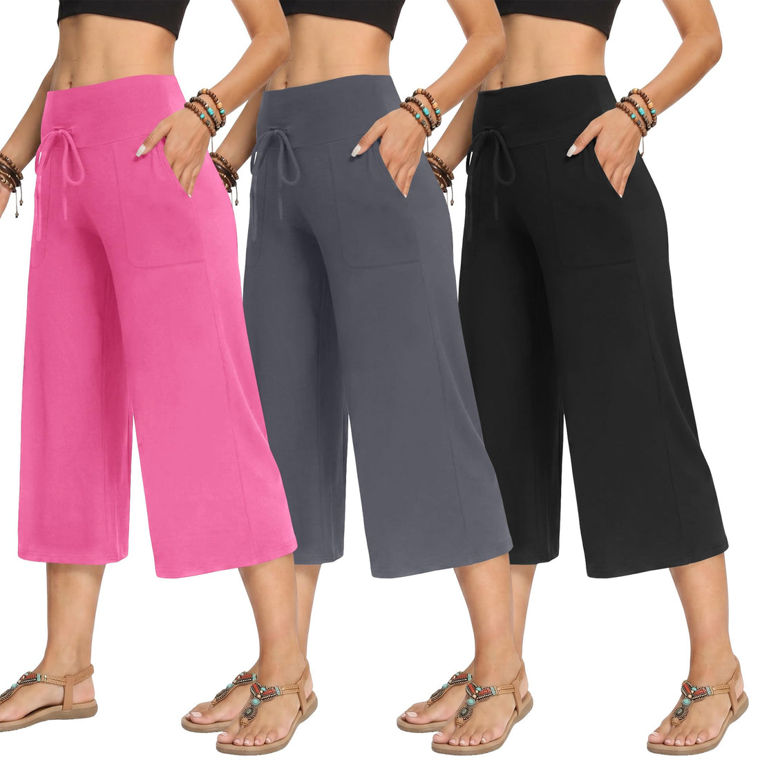TNNZEET 3 Pack Women's Wide Leg Pants with Pockets - Casual Loose Yoga Trouser Pants Sweatpants Palazzo Lounge Pajama Pants