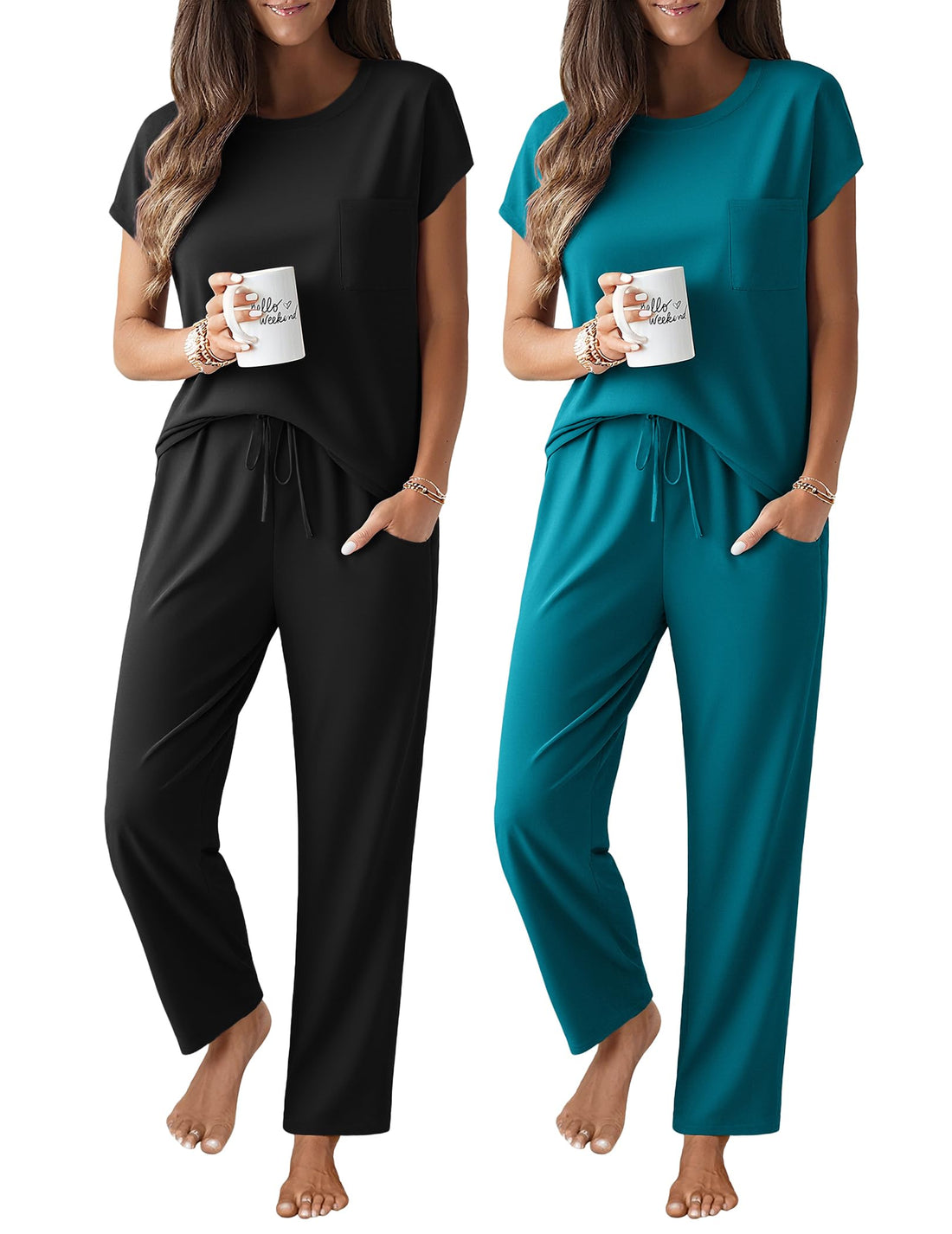 Ekouaer 2 Packs Pajamas for Women Set Cap Sleeve Top and Pants Soft Sleepwear Comfy Pjs Set with Pockets Loungewear