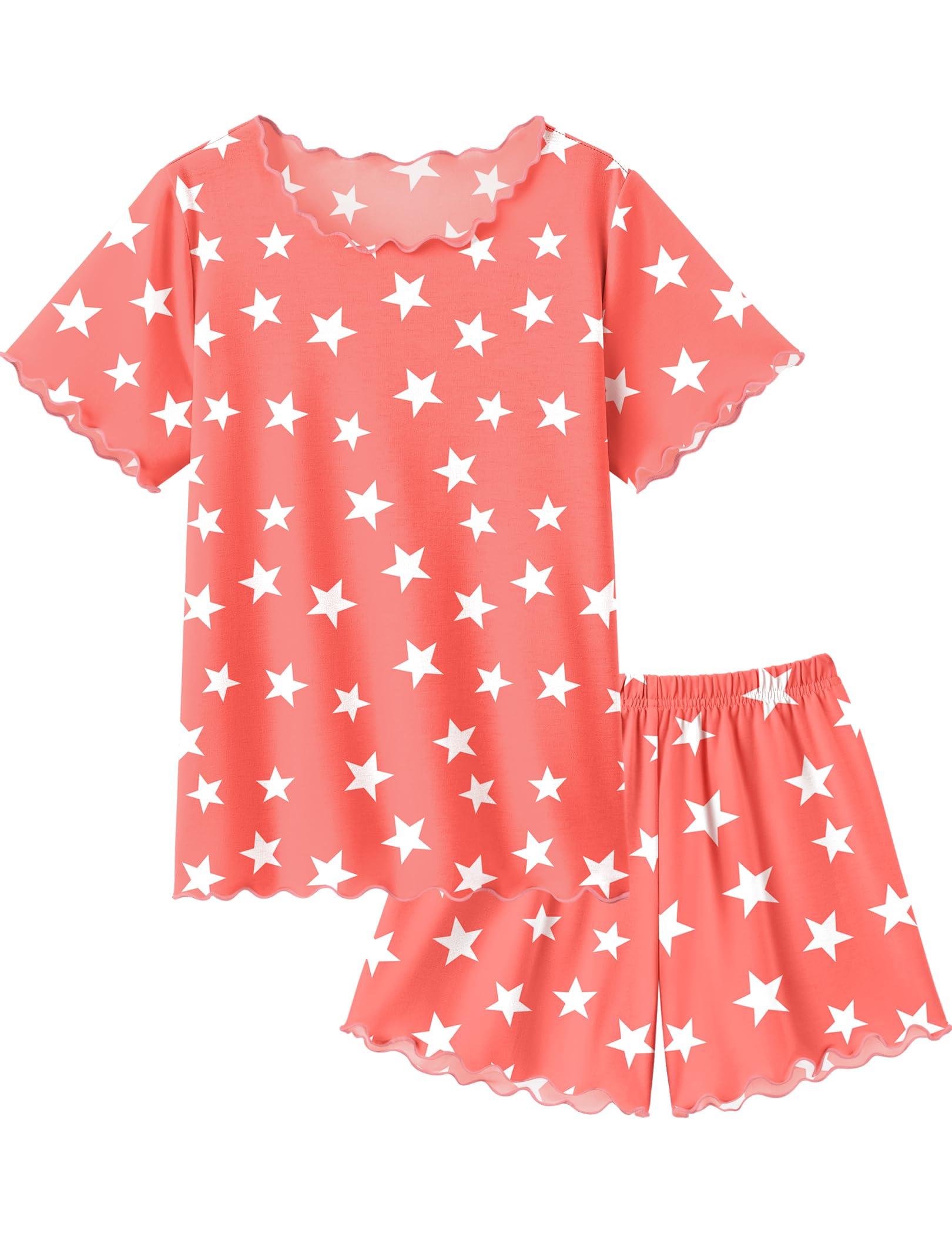 Arshiner Girls Pajama Set Short Sleeve Lounge Set Soft Shirring Summer Sleepwear Pj Sets
