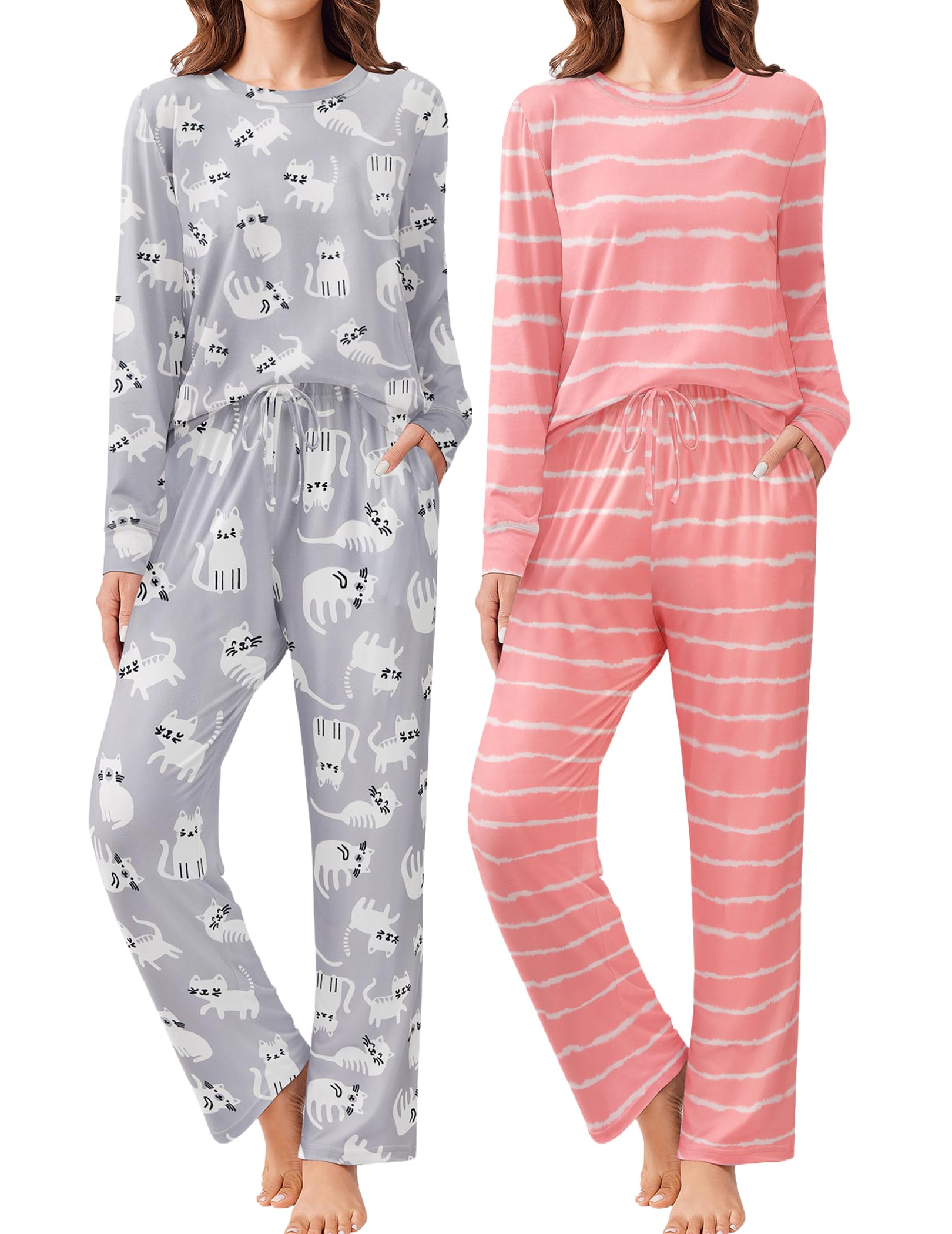 Ekouaer 2 Pack Women Pajama Long Sleeve Sleepwear Soft Loungewear Pjs Sets with Pockets S-XXL