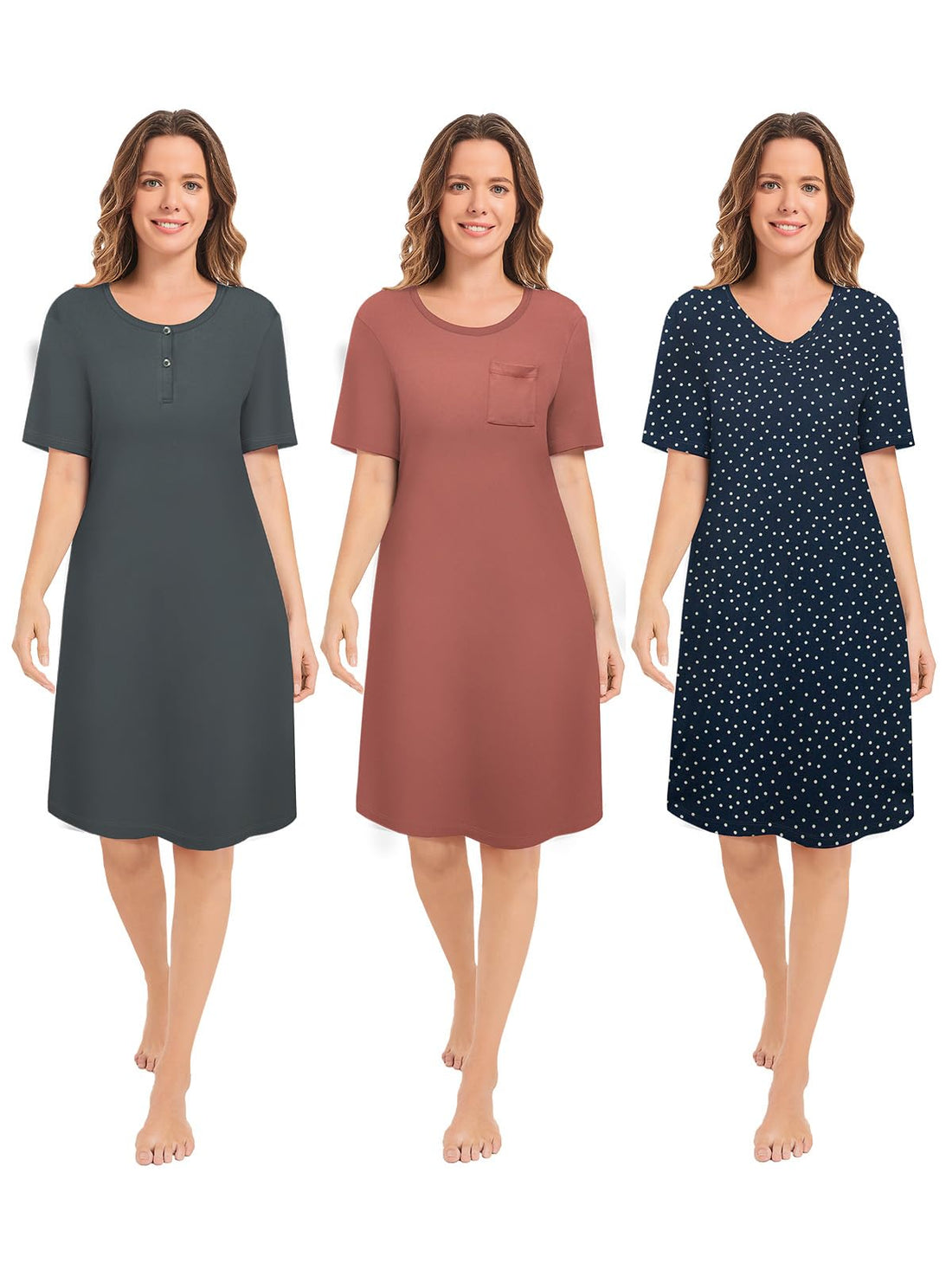3 Pack Nightgowns for Women Short Sleeve Night Gown Soft Sleep Shirts Women's Sleepwear Print Sleep Dress WEBE CLOTHING