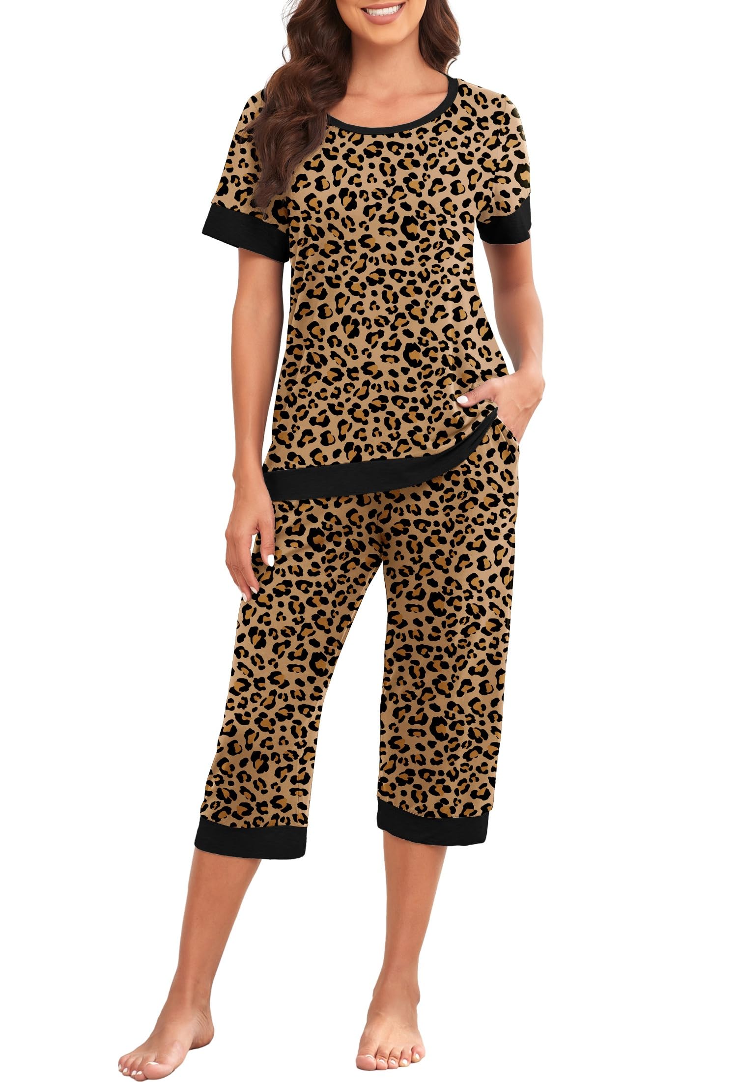 PrinStory Women's Pajama Set Short Sleeve Shirt and Capri Pants Sleepwear Pjs Sets Lounge Set WEBE CLOTHING
