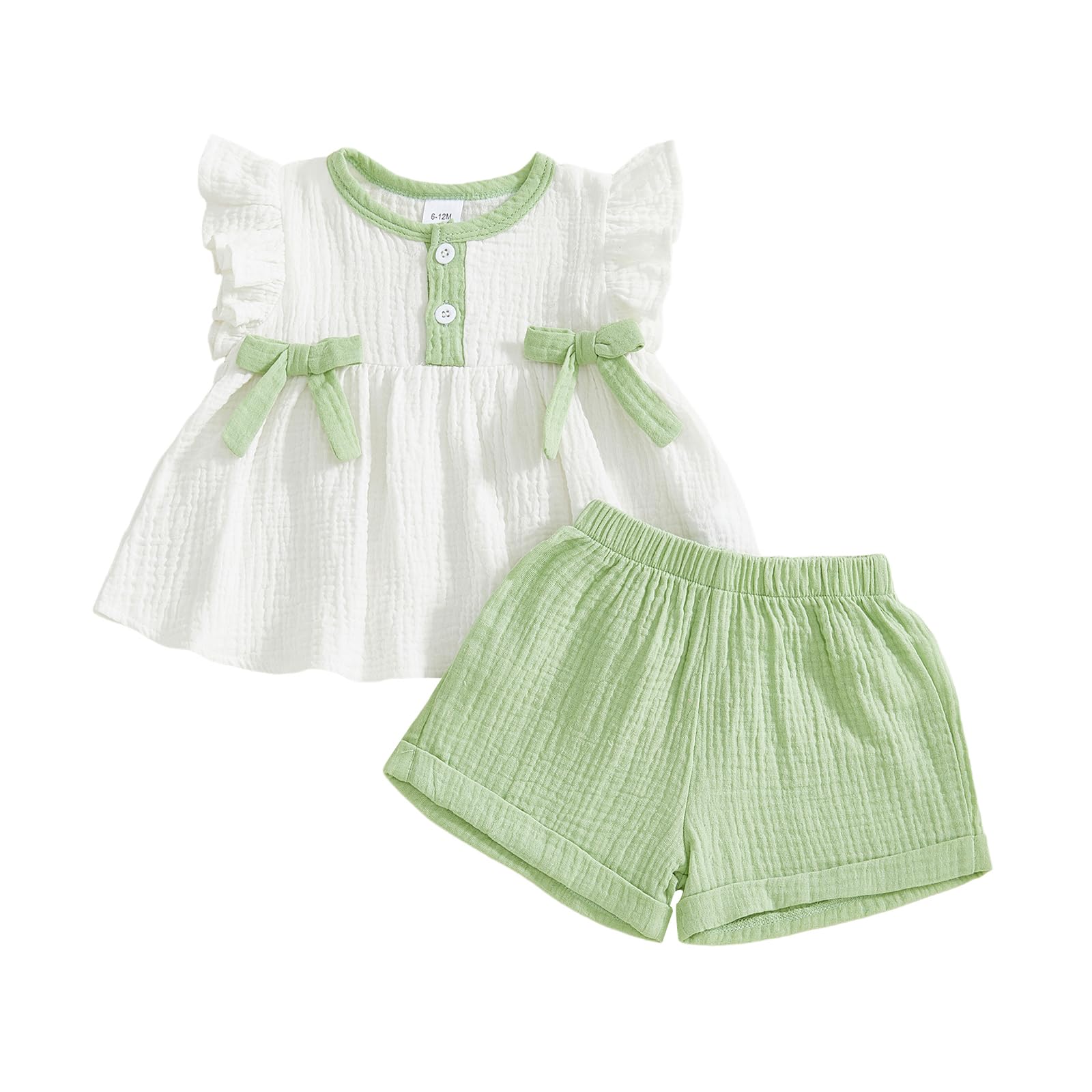 Amnnchya Toddler Girl Clothes Baby Summer Spring Outfits Cute Bow Button Smocked Ruffle Sleeve Tops ＋ Girls Shorts Set WEBE CLOTHING