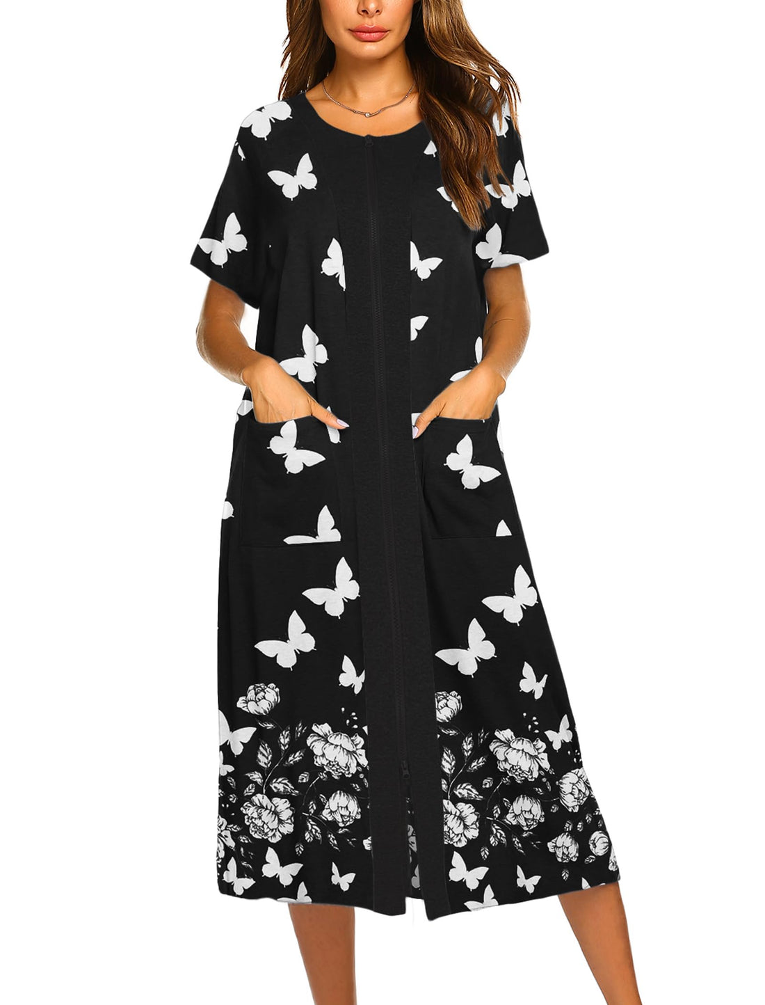 Ekouaer Robes For Women Zipper Bathrobe Short Sleeve Duster With Pockets | Zipper Front House Coat, Lightweight Sleepwear, Plus Size Loungewear, Ladies Nightgown for Mother, Postoperative Gown, Sleep