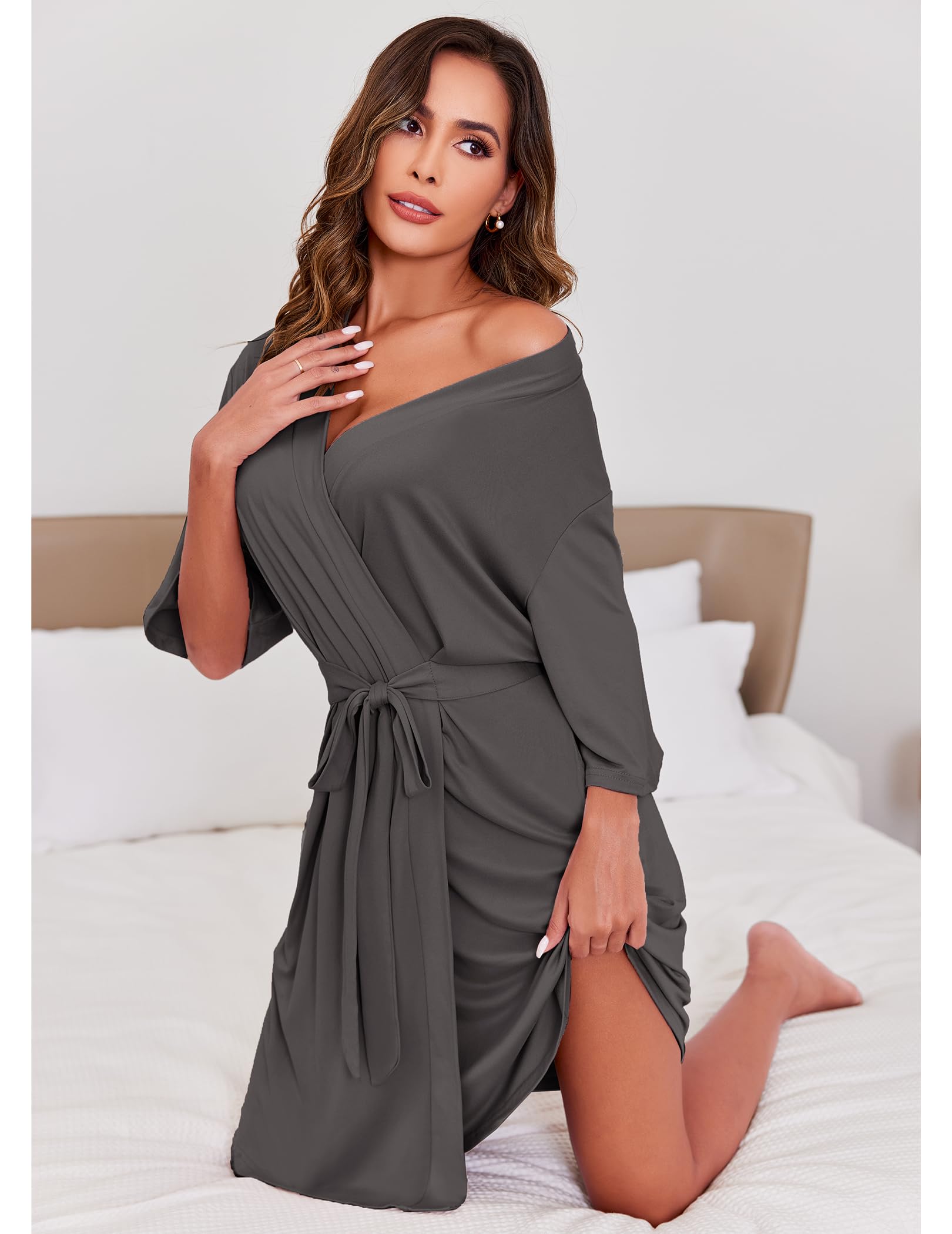 Ekouaer Short Robes for Women Lightweight Kimono Robes Knit Bathrobe Soft Sleepwear with Pockets S-XXL WEBE CLOTHING