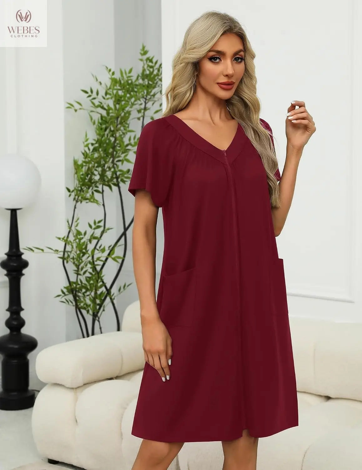 Ekouaer Women Robe Zipper Front Mumu Duster Robes Zip Up Housecoat Soft Sleepwear with Pockets WEBE CLOTHING