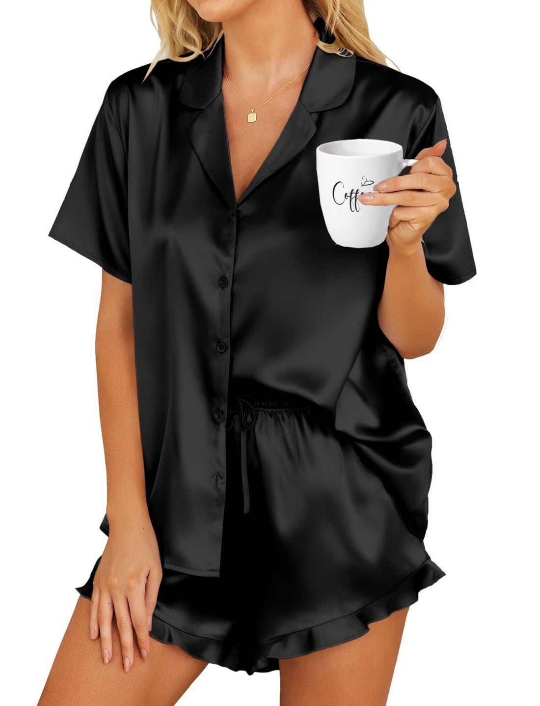 HOTOUCH Womens Satin Pajamas Set Button Down 2 Piece Silk Pjs Shorts Set Ruffle Lingerie Notch Collar Sleepwear