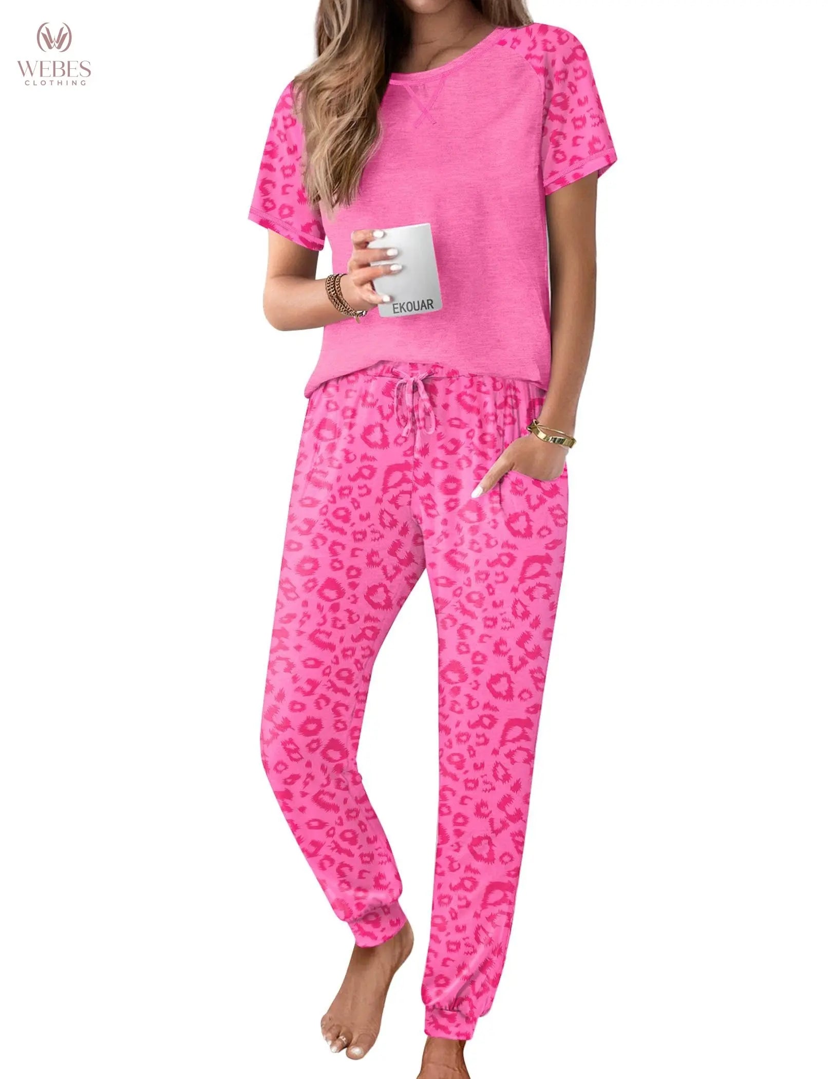 Ekouaer Pajamas for Women Set Short Sleeve PJ Set 2 Piece Jogger Pants | Soft Women Pajama Sets with Cozy Sleepwear Lounge Set Style Featuring Pockets Raglan Short Sleeve Top and Jogger Pants WEBE CLOTHING