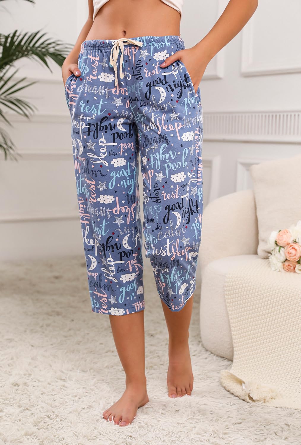PNAEONG 3 Pack Women Pajama Pants Capri Length Drawstring Pj Bottoms Sleep Lounge Pants with Pockets S-3XL