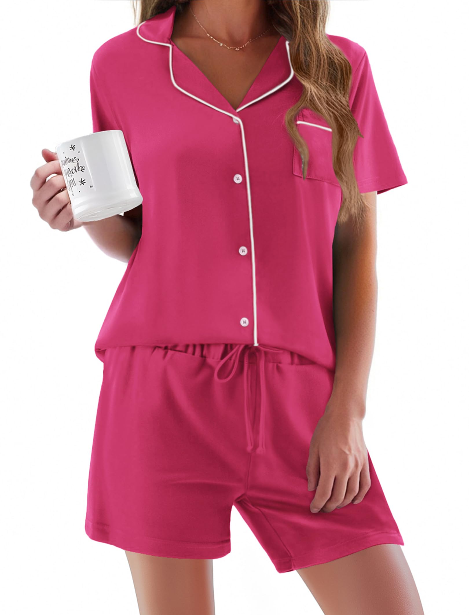 Ekouaer Pajamas Set for Women Short Sleeve Sleepwear Button Down Pjs Soft 2 Piece Lounge Sets XS-XXXL