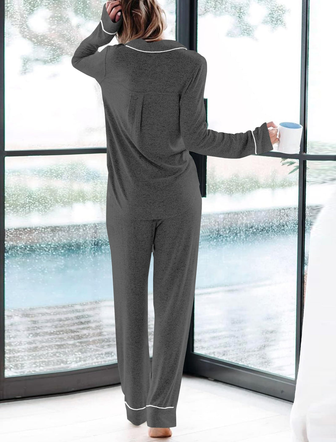 Womens Long Sleeve Pajamas Set Soft Sleepwear Button Down Shirt and Long Pants Pj Lounge Sets S-XXL with Pockets