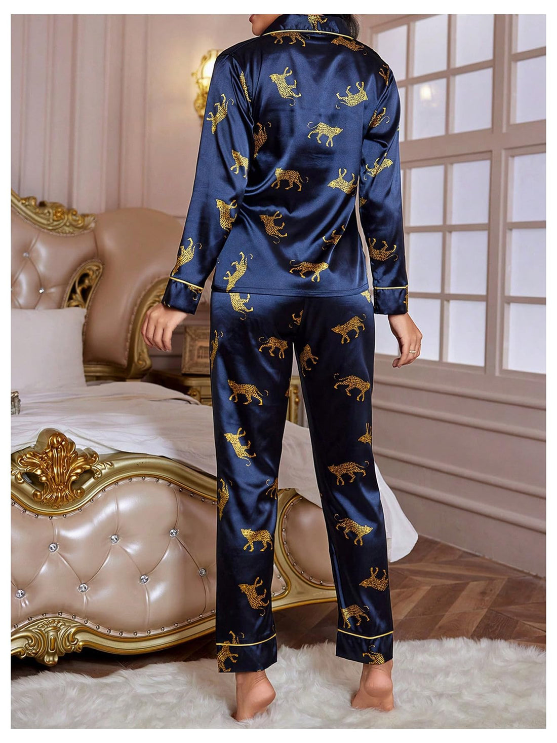 WDIRARA Women's 2 Piece Leopard Print Satin Pajama Set Lounge Sleepwear Set | Animal Print,Leopard Print Satin,Long Sleeve,Button Down,Cheetah Silk Loungewear Pj WEBE CLOTHING