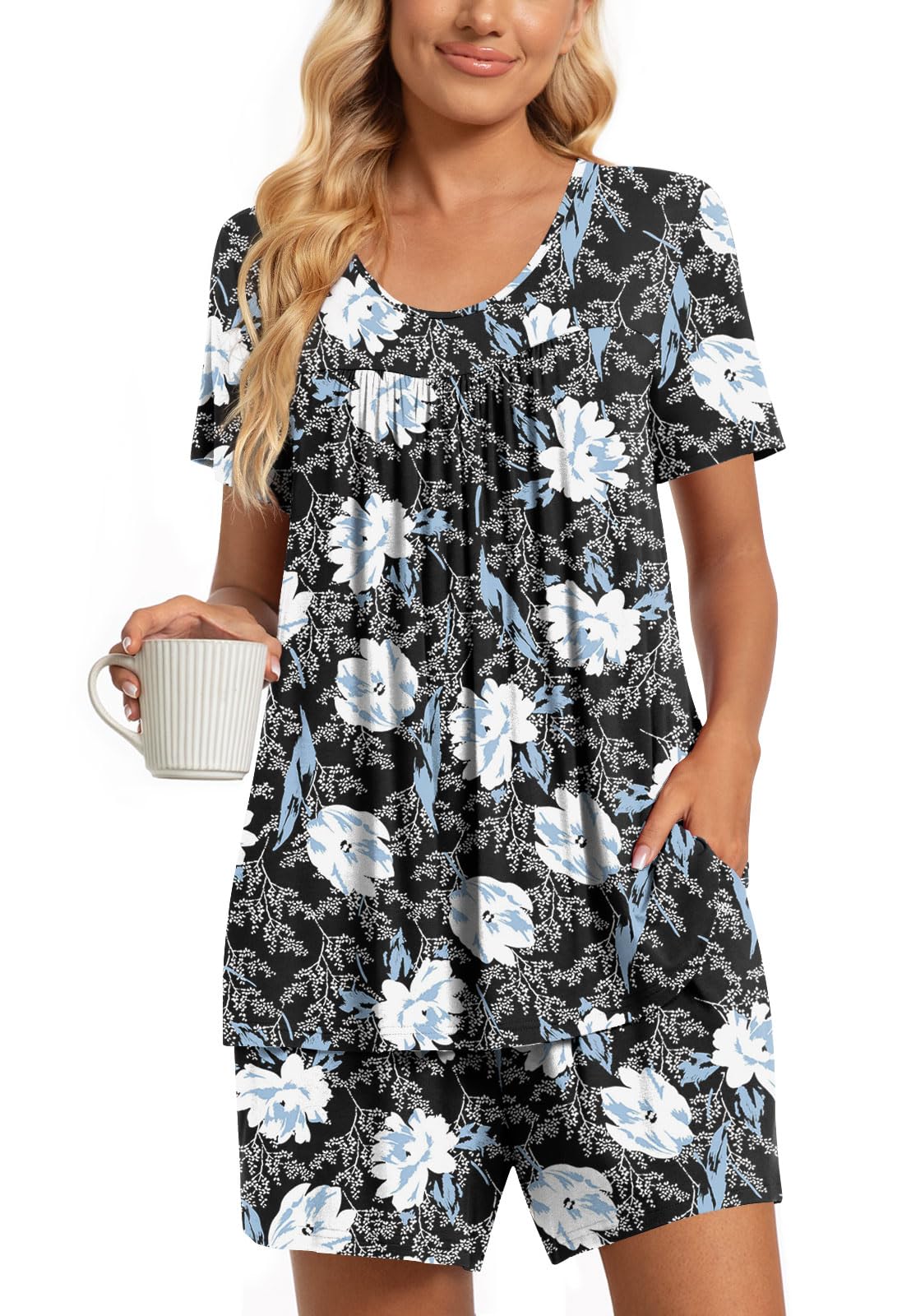 TAOHUADAO 2 Piece Women's Short Sleeve Pajama Sets, Lounge Sleepwear Ladies Pjs Sets with Pockets