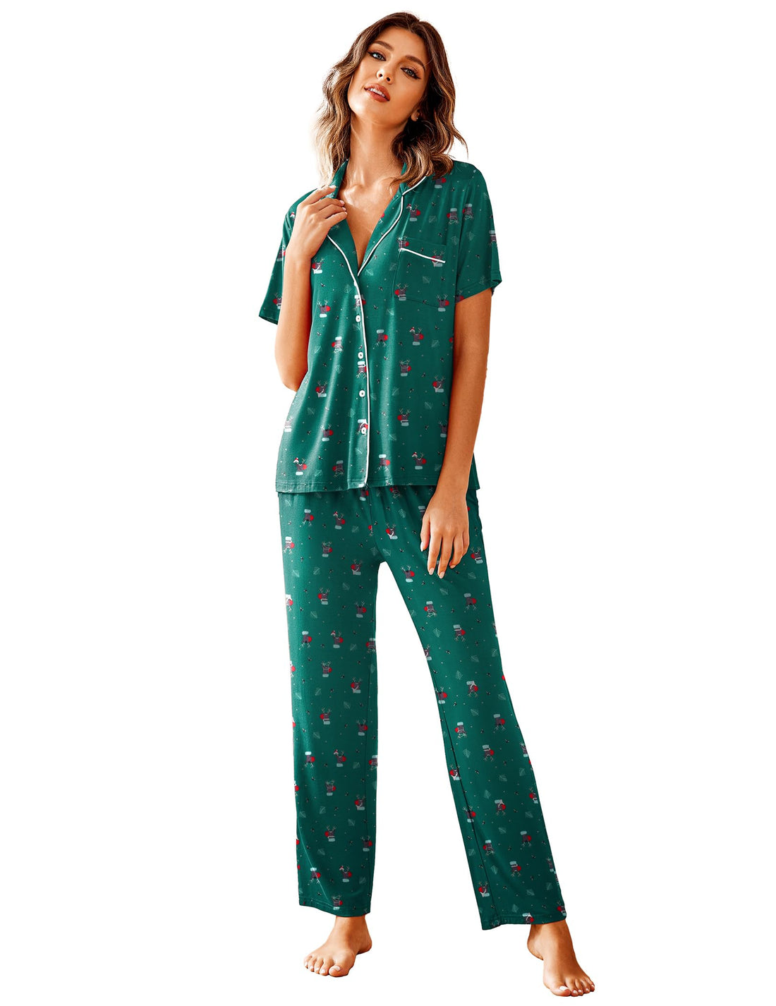 Avidlove Women Pajamas Set Notch Collar Soft Sleepwear Pjs Short Sleeve Button Down Nightwear with Long Pants WEBE CLOTHING