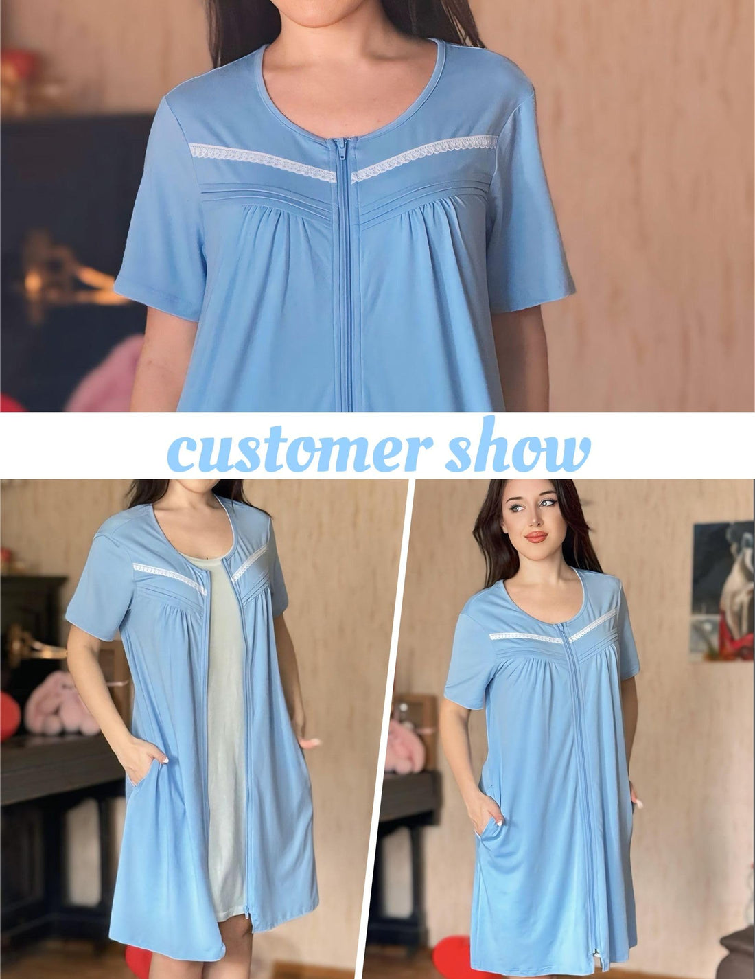 Ekouaer Womens Zip Up Robe Lace Short Sleeve Bathrobes | Knee Length Zipper Housecoat, Lightweight Nightgowns,Zipper Front House Coat with Pockets