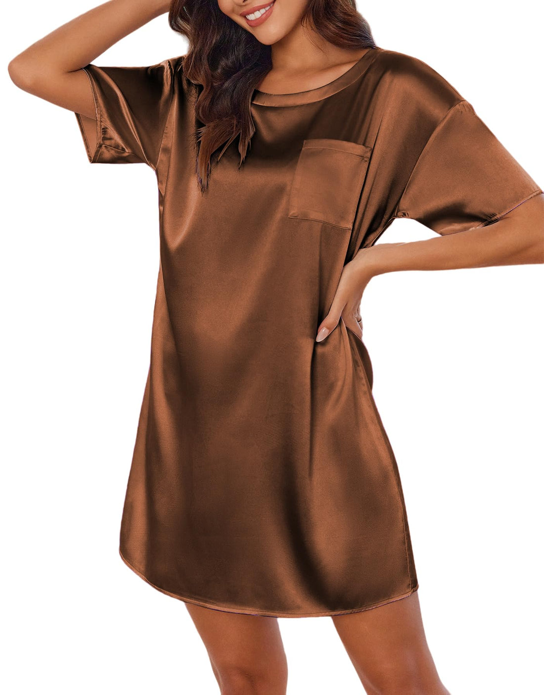 Ekouaer Silk Sleep Shirts for Women Satin Nightshirt Tshirt Nightgown Short Sleeve Round Neck Sleepwear with Pocket S-2XL
