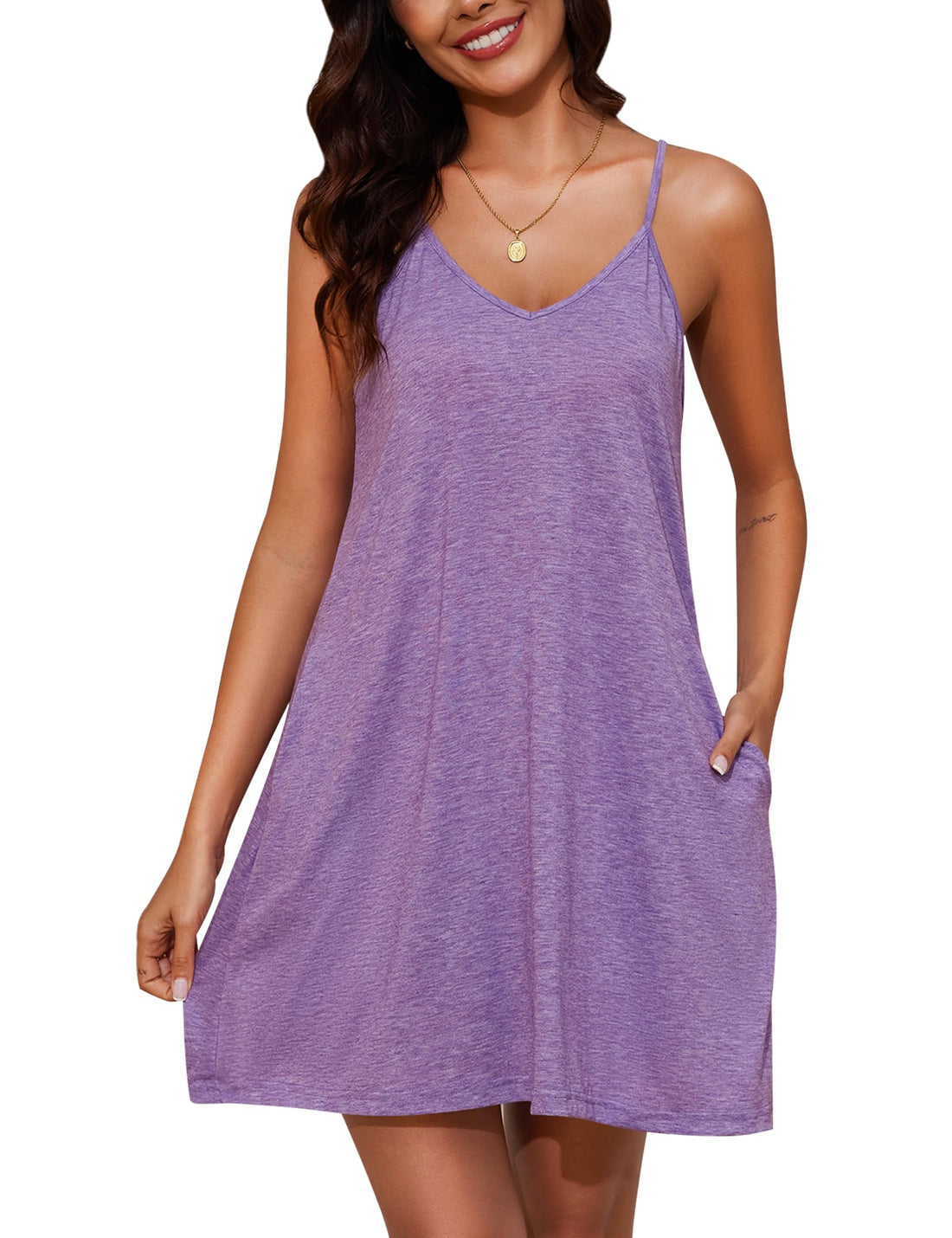 Marvmys Womens Cotton Sleeveless Nightgown Spaghetti Strap V Neck Full Slip Sleep Dress with Pockets WEBE CLOTHING