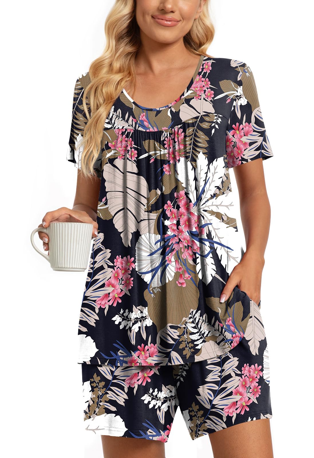 TAOHUADAO 2 Piece Women's Short Sleeve Pajama Sets, Lounge Sleepwear Ladies Pjs Sets with Pockets