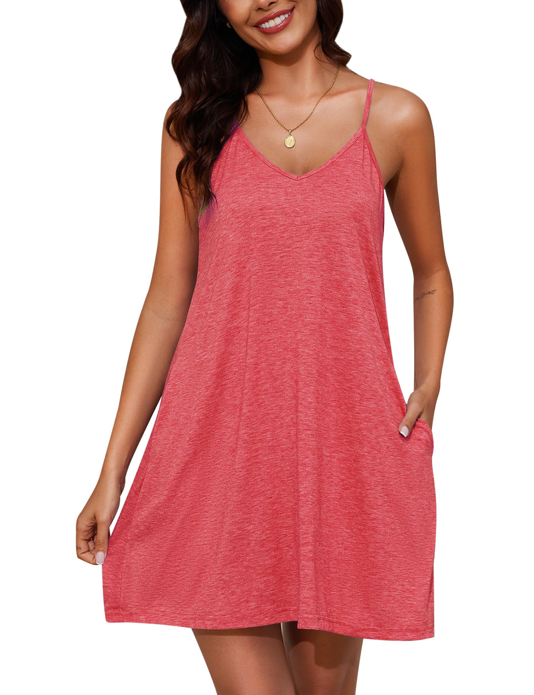 Marvmys Womens Cotton Sleeveless Nightgown Spaghetti Strap V Neck Full Slip Sleep Dress with Pockets WEBE CLOTHING