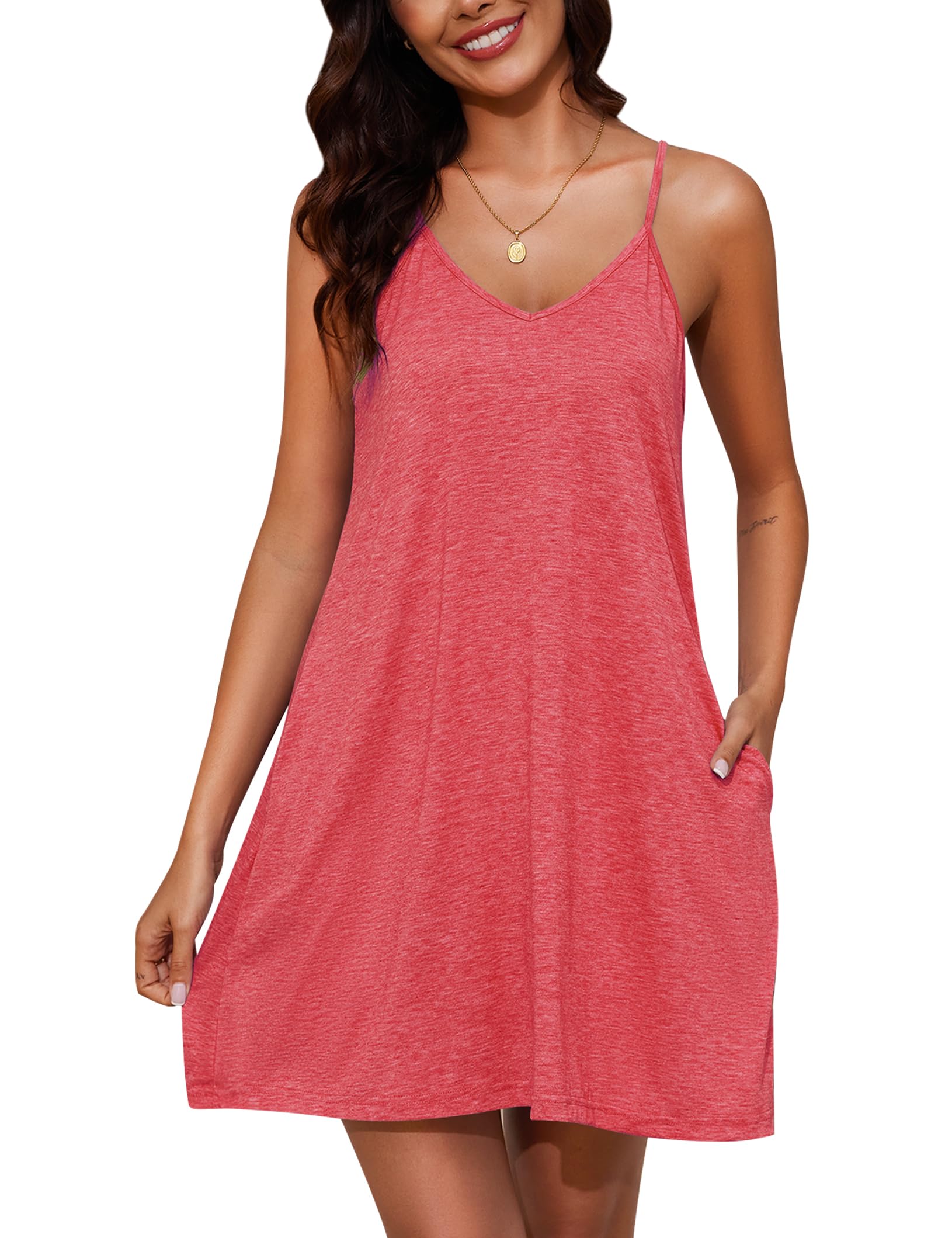 Marvmys Womens Cotton Sleeveless Nightgown Spaghetti Strap V Neck Full Slip Sleep Dress with Pockets WEBE CLOTHING