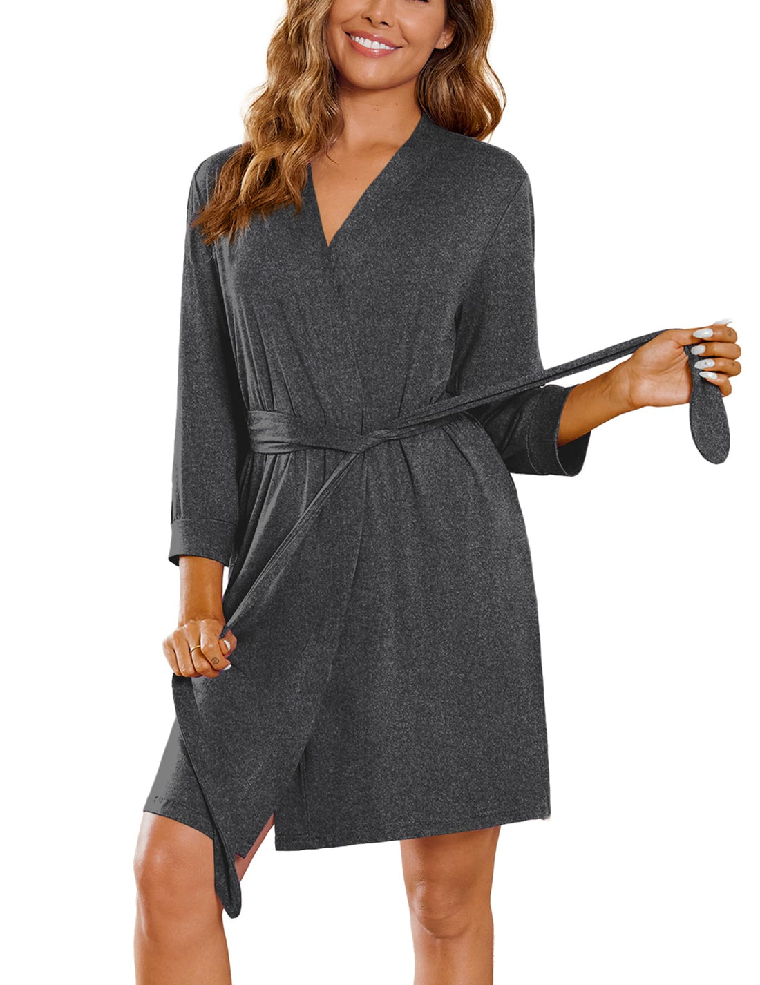Ekouaer Women‘s Robes Lightweight 3/4 Sleeve Short Knit Bathrobe Soft Knee Length Sleepwear Robes with Pockets S-XXL
