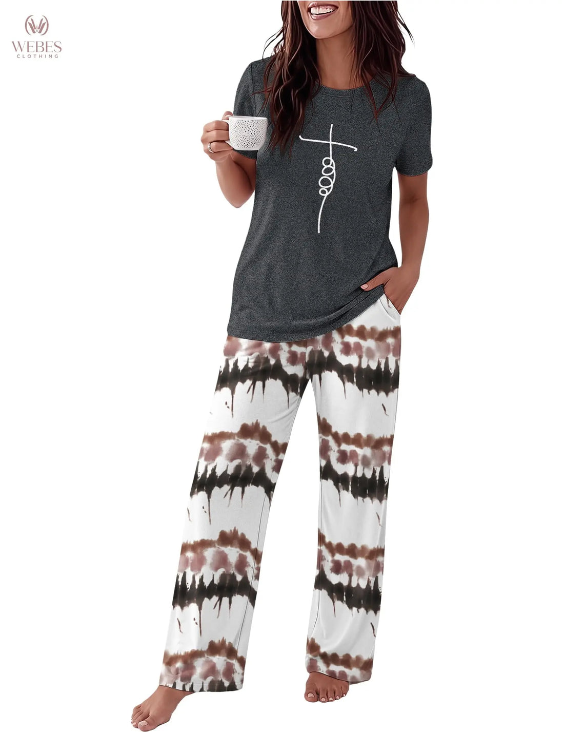 Ekouaer Pajama Set for Women 2 Piece Pjs Short Sleeve Top and Printed Pants | Womens Round Neck Lounge Sets Short Sleeve Sleepwear with Loose Pants for Daily Wear, Home Lounging, Casual Errands WEBE CLOTHING
