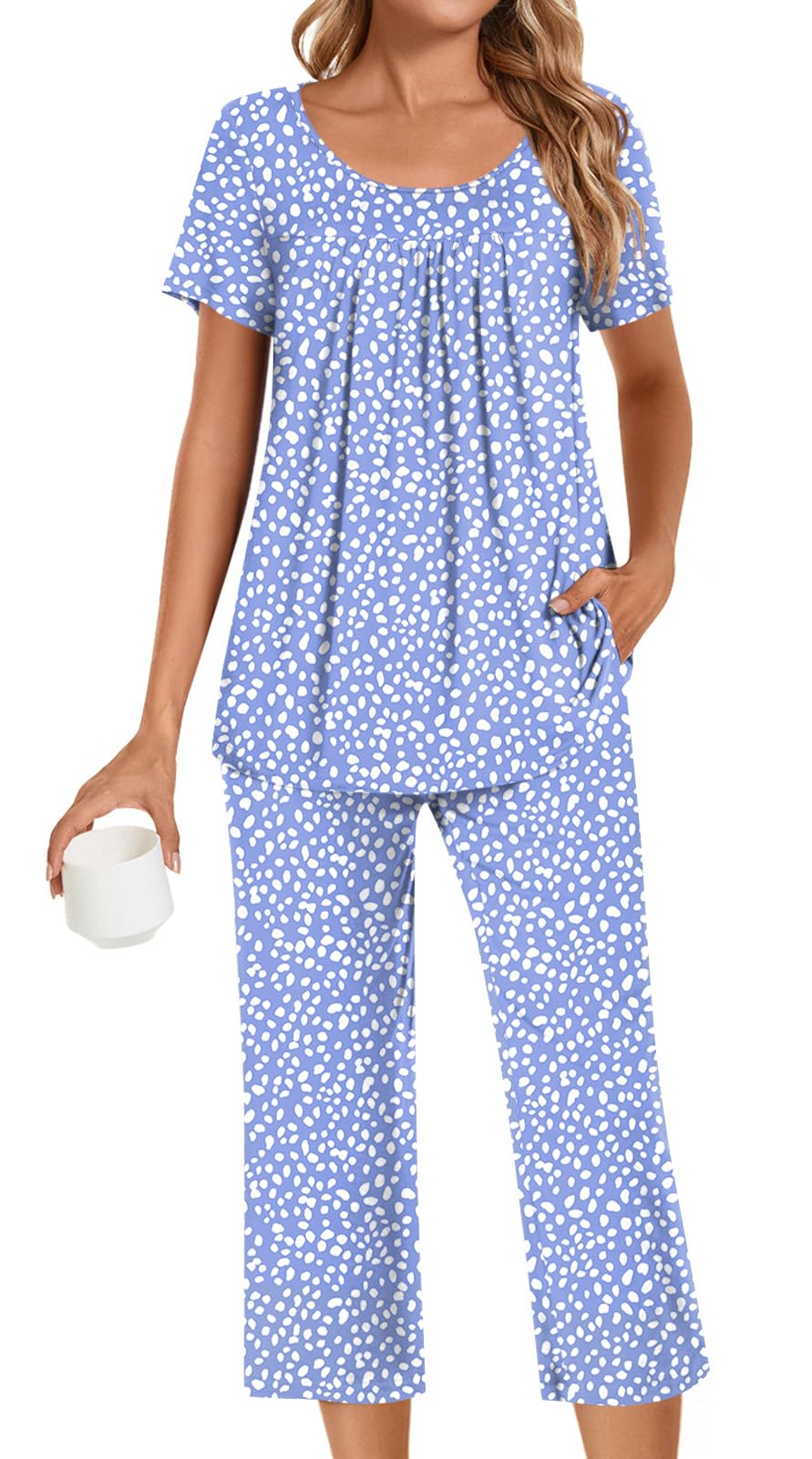 POPYOUNG Womens Pajama Sets Summer Ladies Pjs 2 Piece Loungewear Capri with Pockets Sleepwear