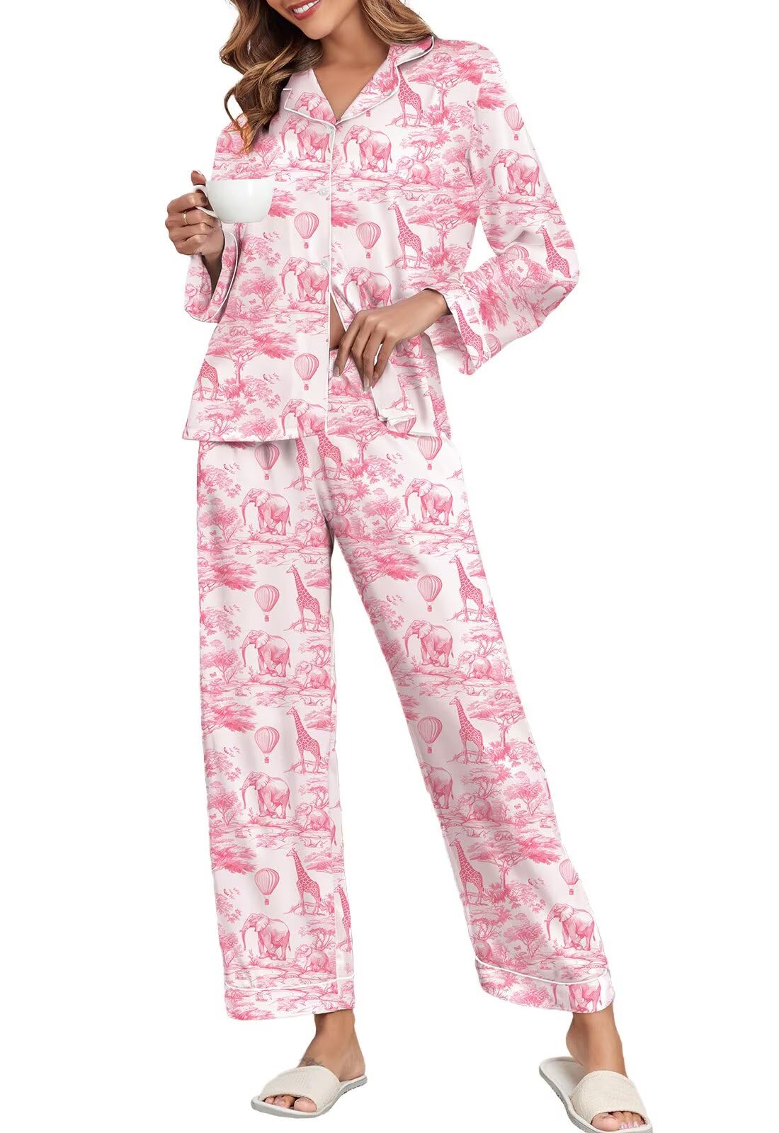 Brosloth Women's Silk Satin Pajamas Long Sleeve Button Up Loungewear Set | Button Down Animal Print Pajamas, Ladies Fancy Pajama sets, Two Piece Lounge Set, Notch Collar Lightweight Sleepwear, Gift WEBE CLOTHING