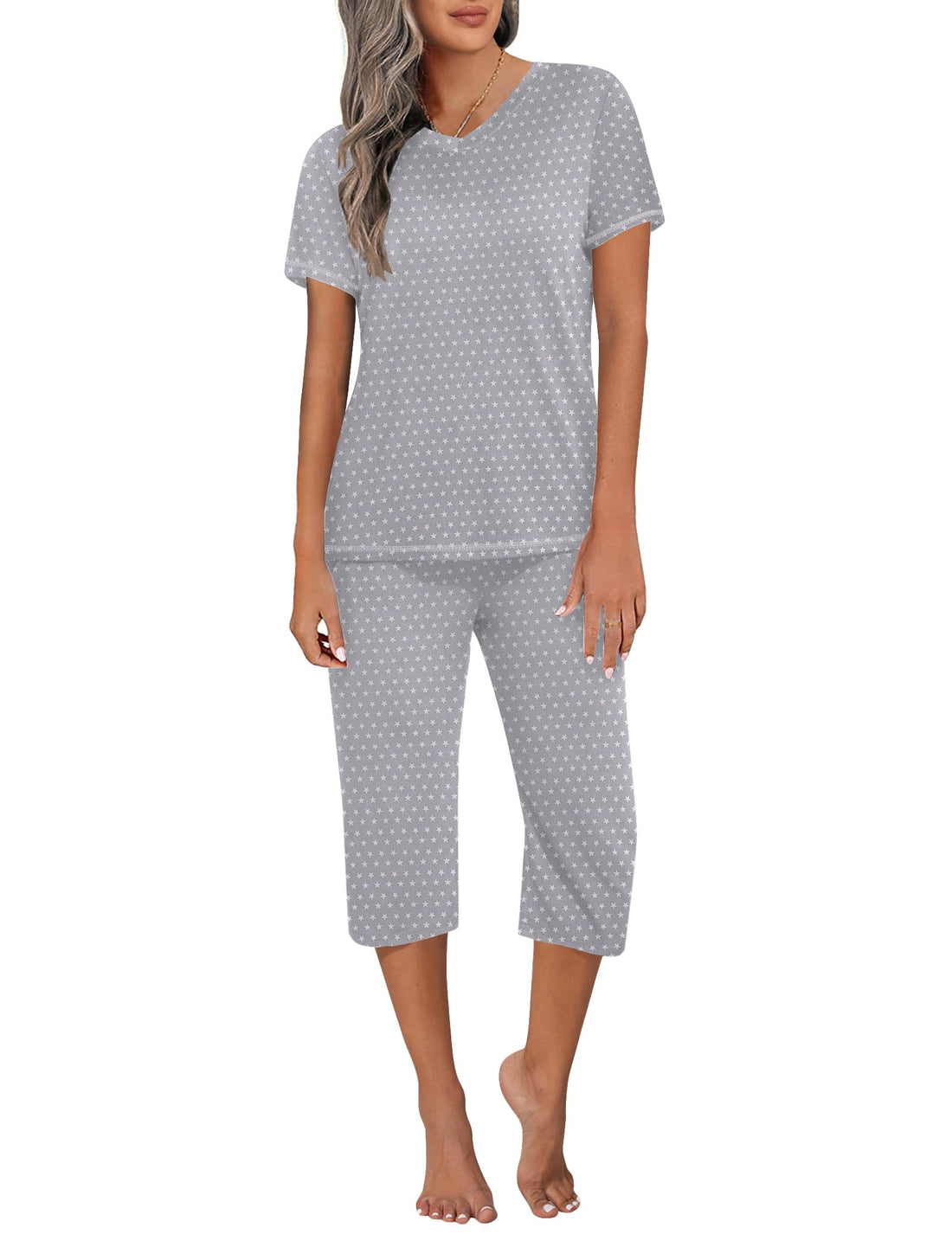Ekouaer Women's Sleepwear Capri Pajama Sets Short Sleeve Two-Piece Pjs V Neck Tops & Capri Pants with Pockets S-3XL