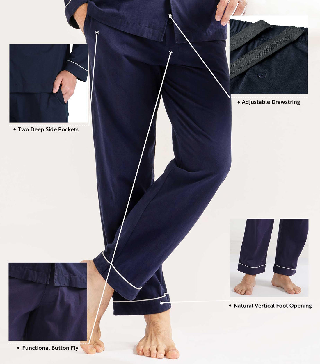 DAVID ARCHY Mens Pajamas Set Soft Cotton Notched Collar Pajamas for Men Long Sleeve Mens Sleepwear with Pockets & Front Fly WEBE CLOTHING