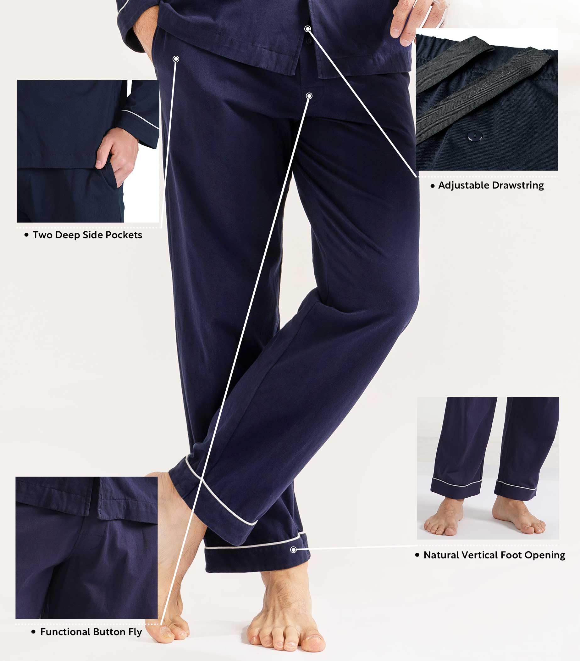 DAVID ARCHY Mens Pajamas Set Soft Cotton Notched Collar Pajamas for Men Long Sleeve Mens Sleepwear with Pockets & Front Fly WEBE CLOTHING