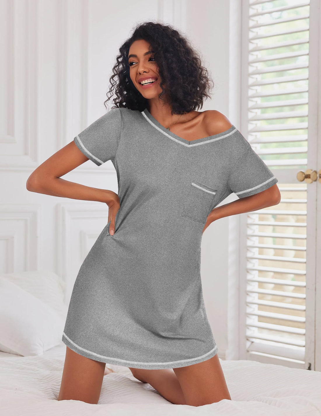 Ekouaer 3 Pack Nightgowns for Women Short Sleeve Sleep Shirts T Shirt Night Gown V Neck Nightshirts Soft Sleepwear Dress