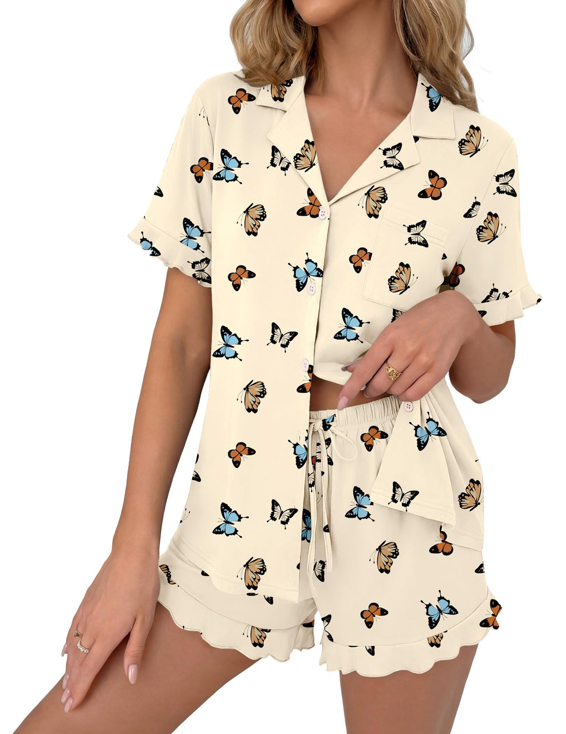 Ekouaer Pajamas Set for Women Button Down Pjs Lounge Sets Ruffle Short Sleeve Sleepwear Cute Loungewear