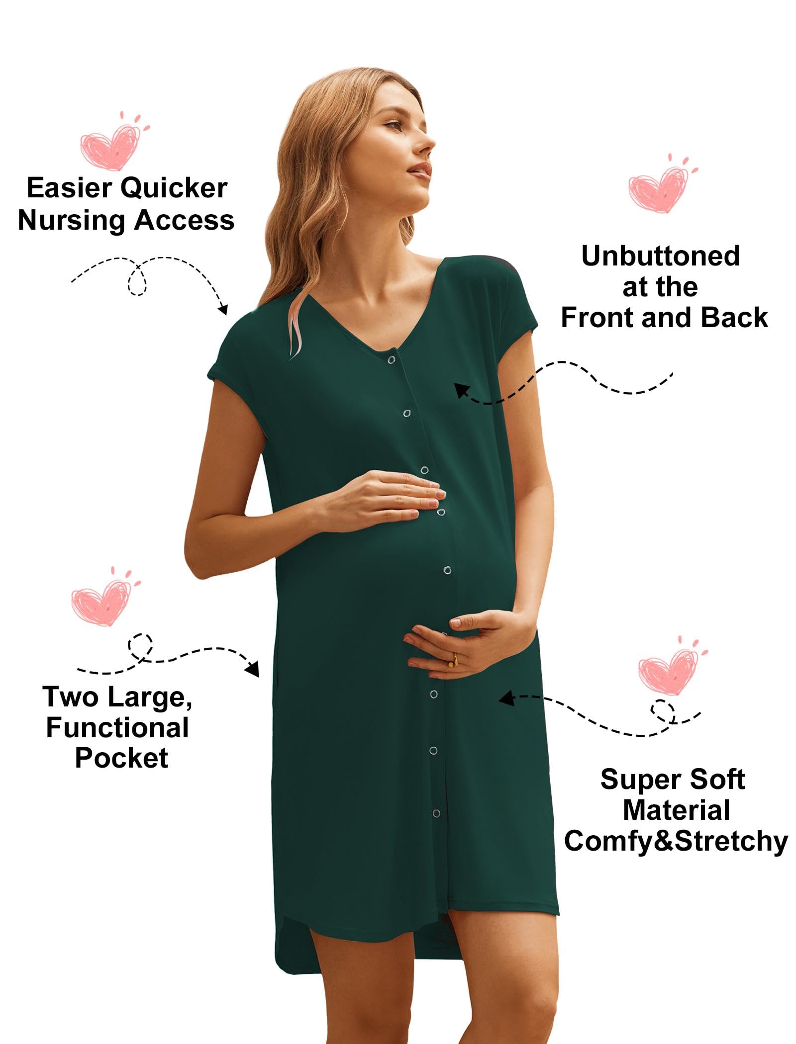 Ekouaer Labor and Delivery Gown for Hospital Birthing Gown Nursing Dress | Open Back Birthing Gown, Maternity Nursing Pajamas Dress Breastfeeding, Button C Section Postpartum Clothes