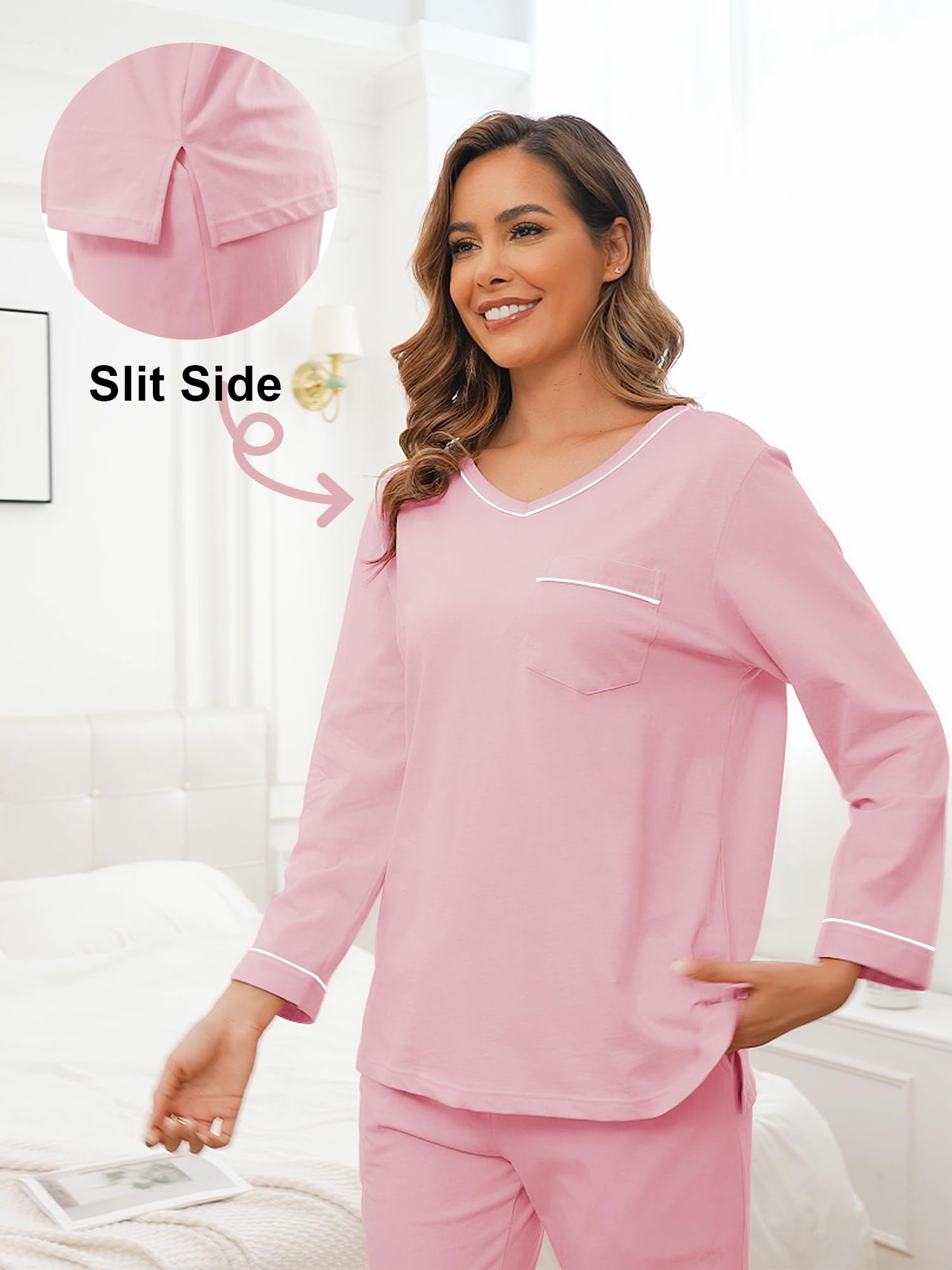 EA'S SECRET 100% cotton Pajamas for Women Summer Lightweight Long Sleeve Pjs 2 Piece Soft Lounge Sleepwear with pocket