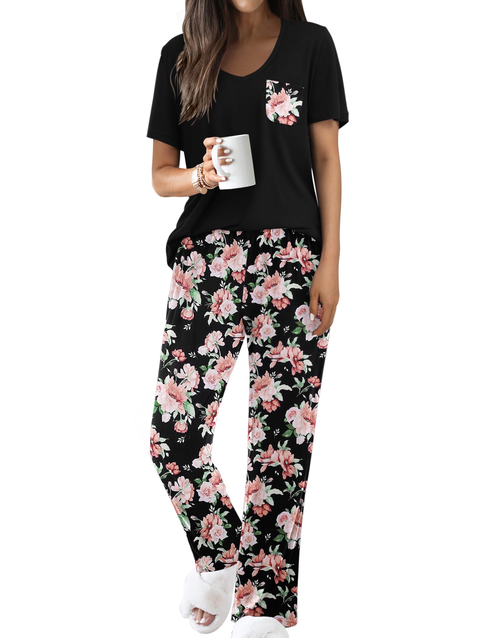 Ekouaer Pajama Sets for Women Short Sleeve Pj Set V Neck Sleepwear Chest Pocket with Long Pants Casual Loose Loungewear WEBE CLOTHING