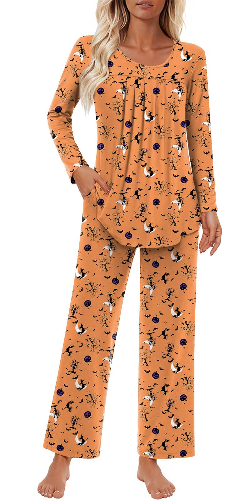 Findsweet Women's Pajama Set 2 Piece Lounge Outfits Soft Sleepwear Fall Long Sleeve Long Pant With Pockets Ladies Pjs S-3XL