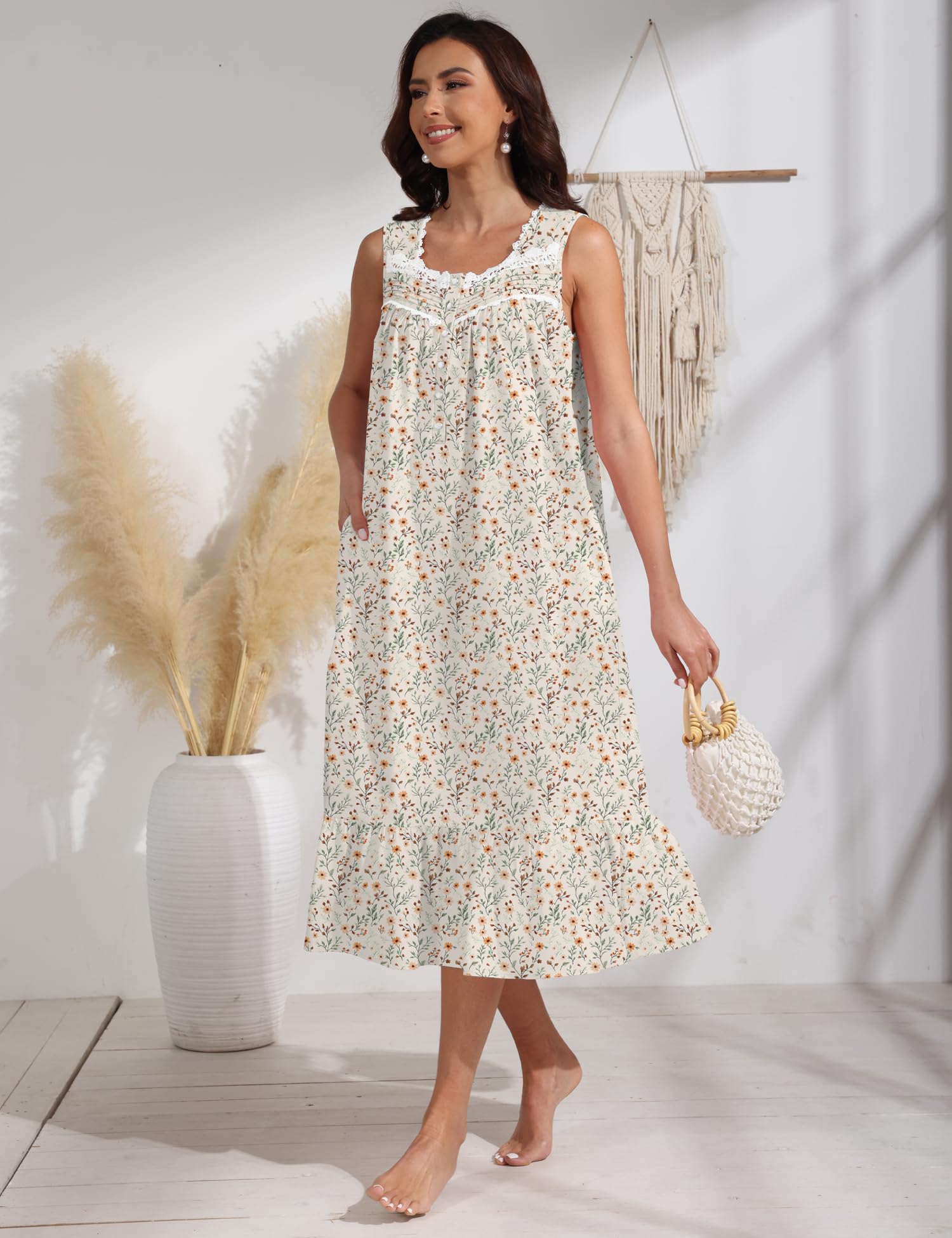 100% Cotton Floral Pearl Snap Nightgown for Women Sleeveless Victorian Sleep Dress Cotton Nightgowns with Pockets WEBE CLOTHING
