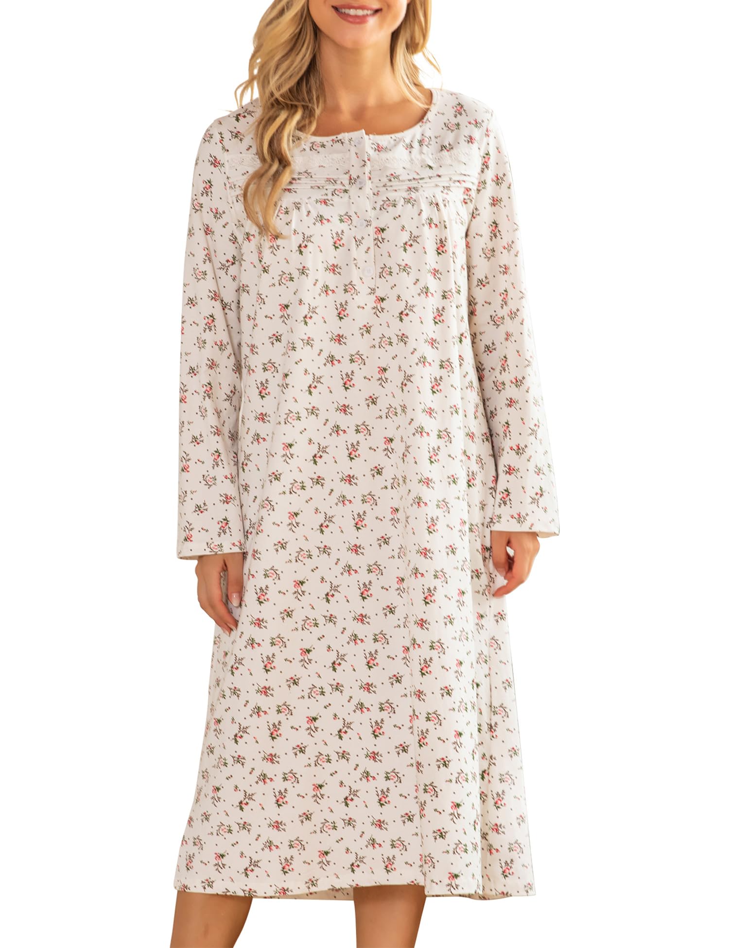 Bloggerlove Nightgowns for Women 100% Cotton Soft House Dress | 100 Full Cotton, Button Neck, Knee Length, Lace Trim Floral, Breathable, Skin-frieend, Loose Fit, Comfy Sleepwear WEBE CLOTHING
