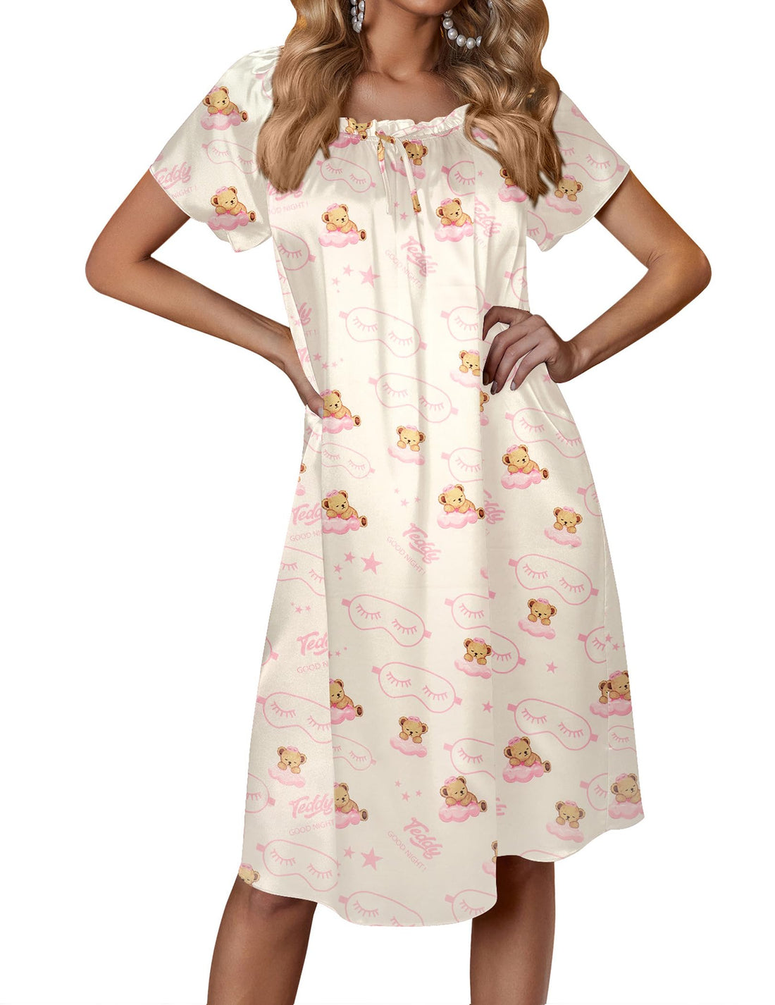 Ekouaer Women's Satin Silk Pleated Nightgown Loose Sleepwear Printed Nightshirt Short Sleeve Sleep Dress WEBE CLOTHING