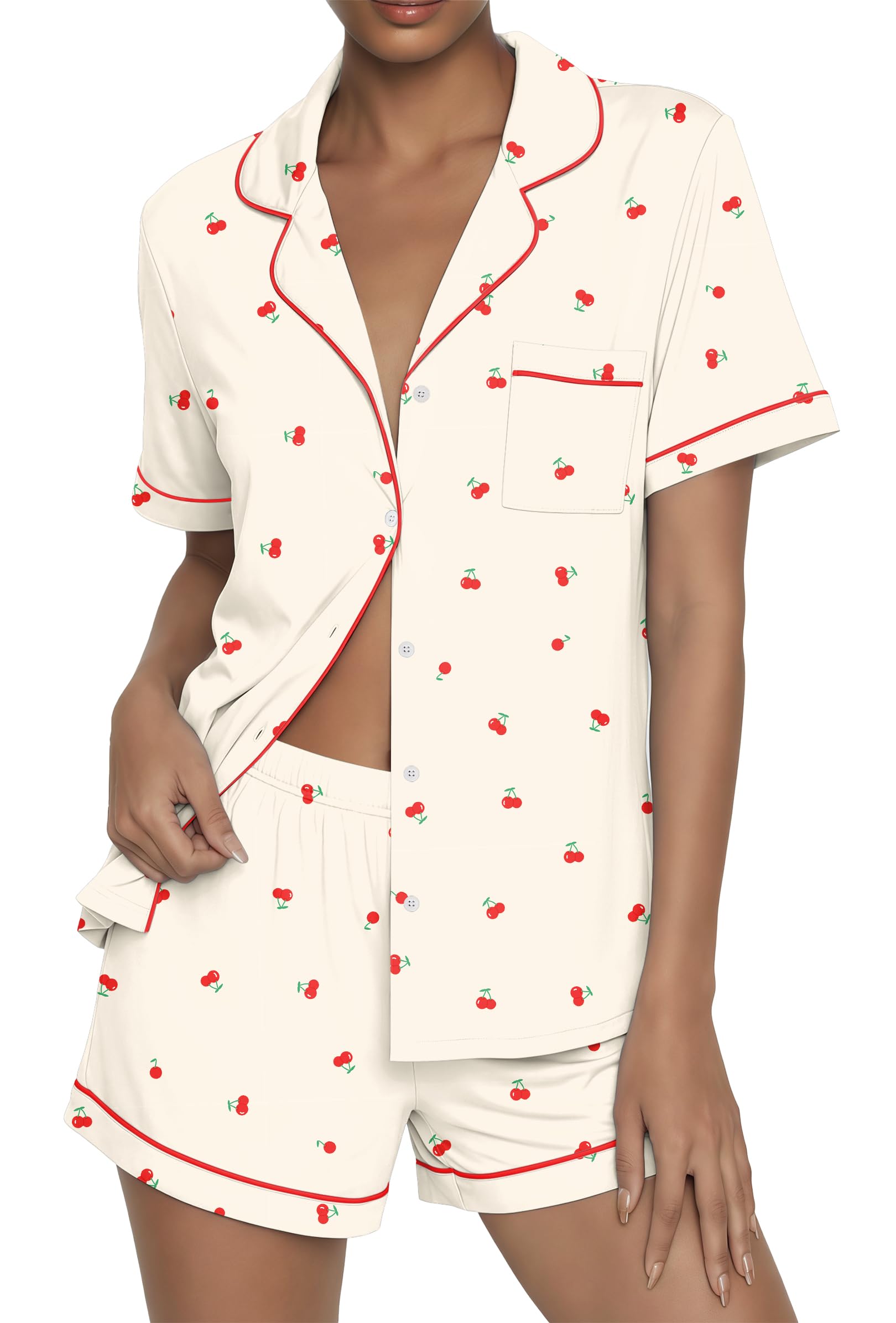 Ekouaer Womens Pajama Sets Button Up Summer Pjs 2 Piece Short Sleeve Sleepwear Lounge Set S-XXL