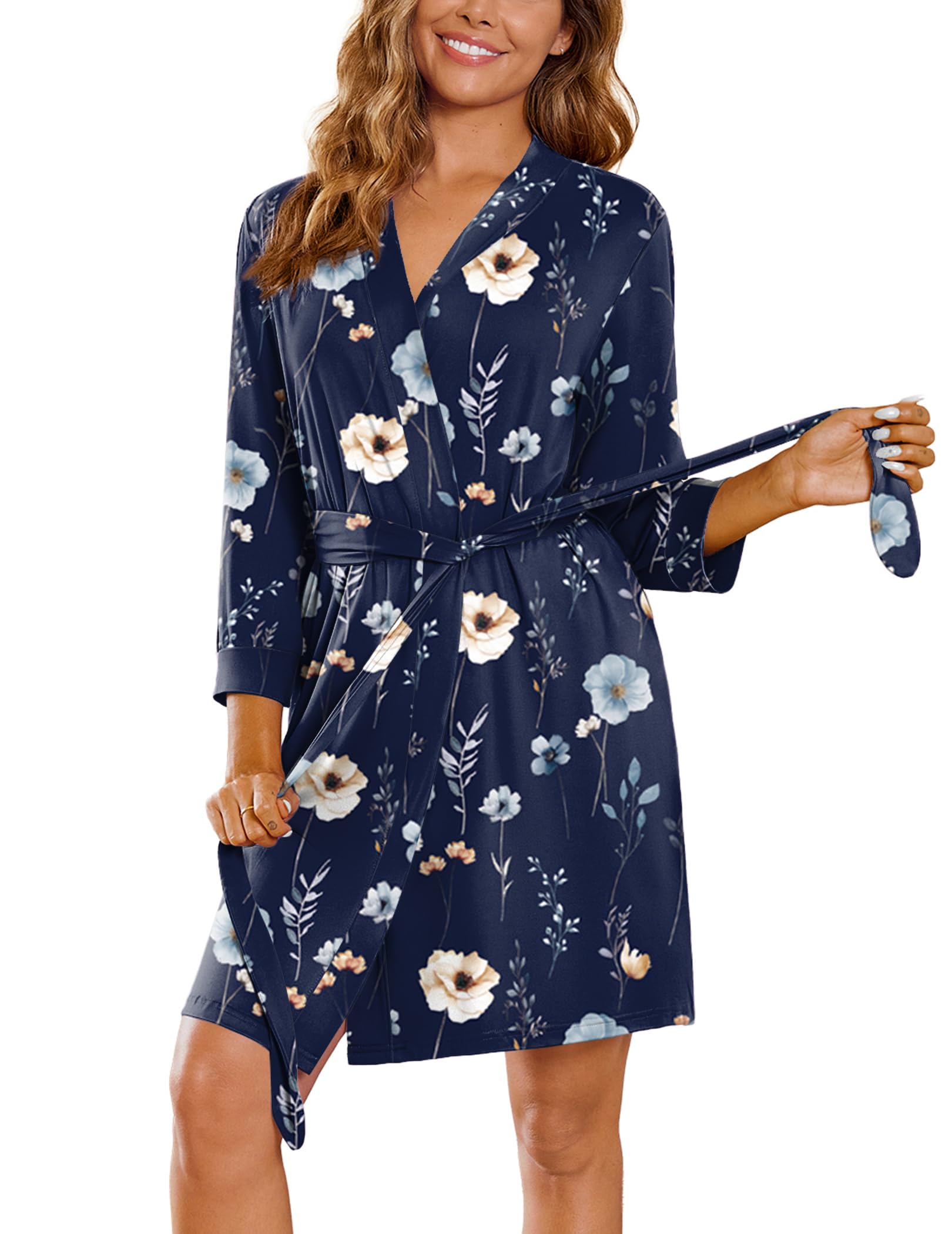 Ekouaer Women‘s Robes Lightweight 3/4 Sleeve Short Knit Bathrobe Soft Knee Length Sleepwear Robes with Pockets S-XXL