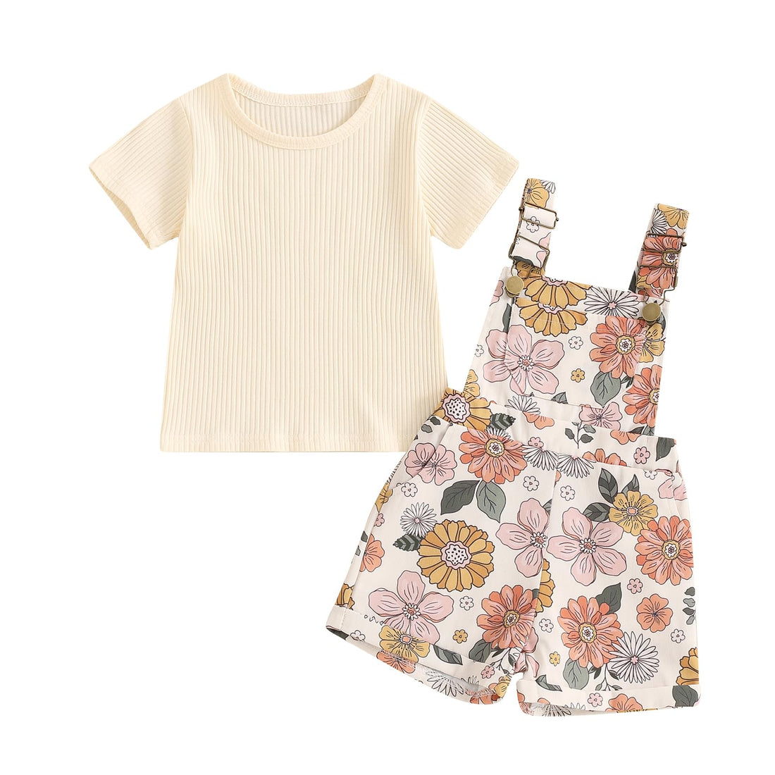 Toddler Baby Girls Summer Outfits T-Shirt Overalls Shorts Set | Short Sleeve Ribbed Shirt, Flower/Apple/Strawberry/Camo/Star/Bee Suspender Overalls, Kid 2Pcs Clothing, Spring Clothes 12M-5Y WEBE CLOTHING
