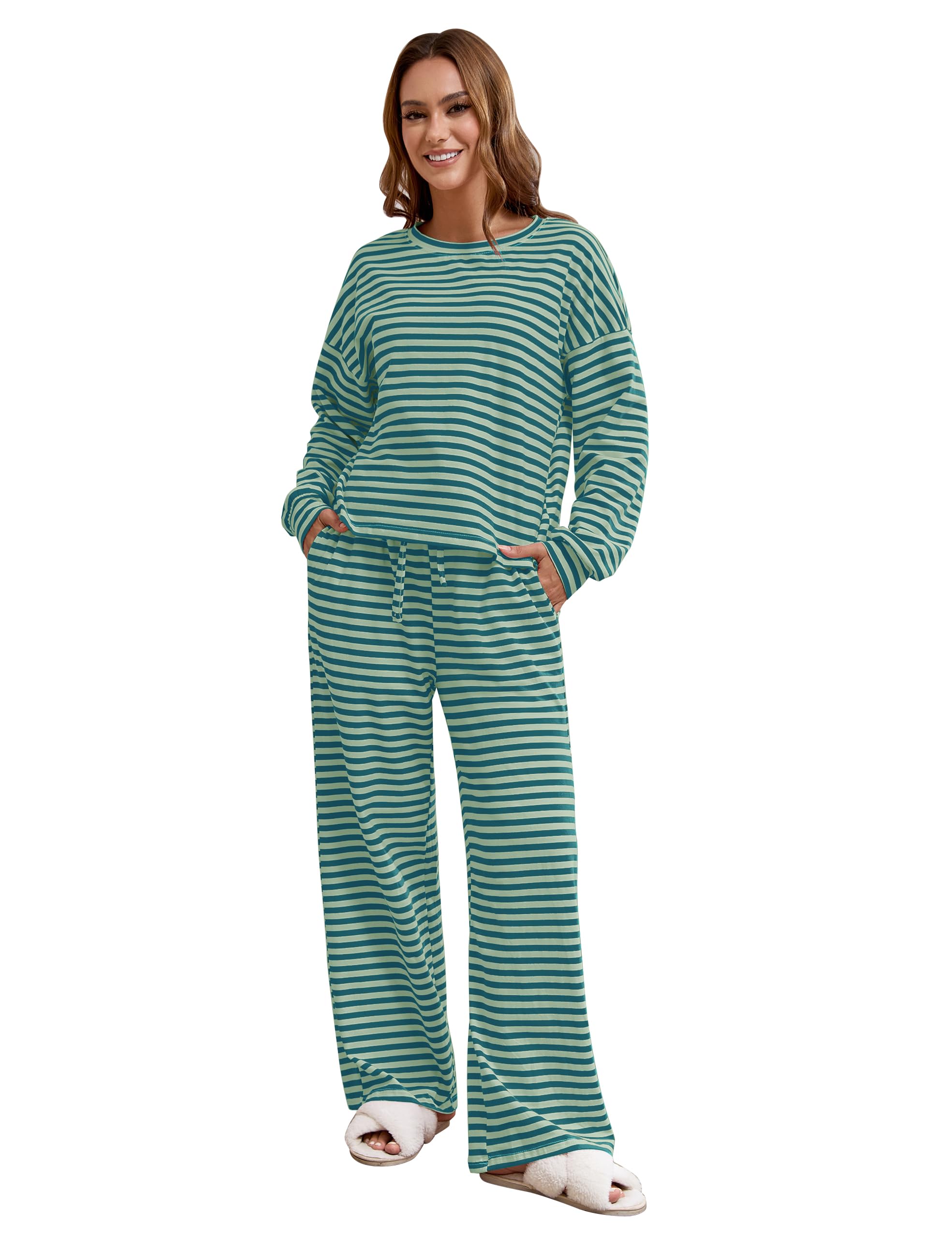 MISSACTIVER Women's Striped 2 Piece Lounge Set Casual Long Sleeve T-Shirt Drawstring Wide Leg Pants Matching Pajamas Set