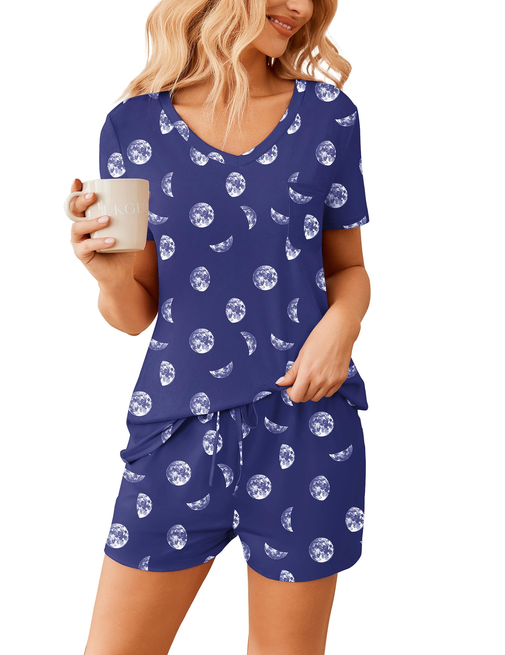 Ekouaer Womens Pajama Sets Short Sleeve Pajamas for Women Sets Soft Lounge Sets Casual V Neck Sleepwear PJS